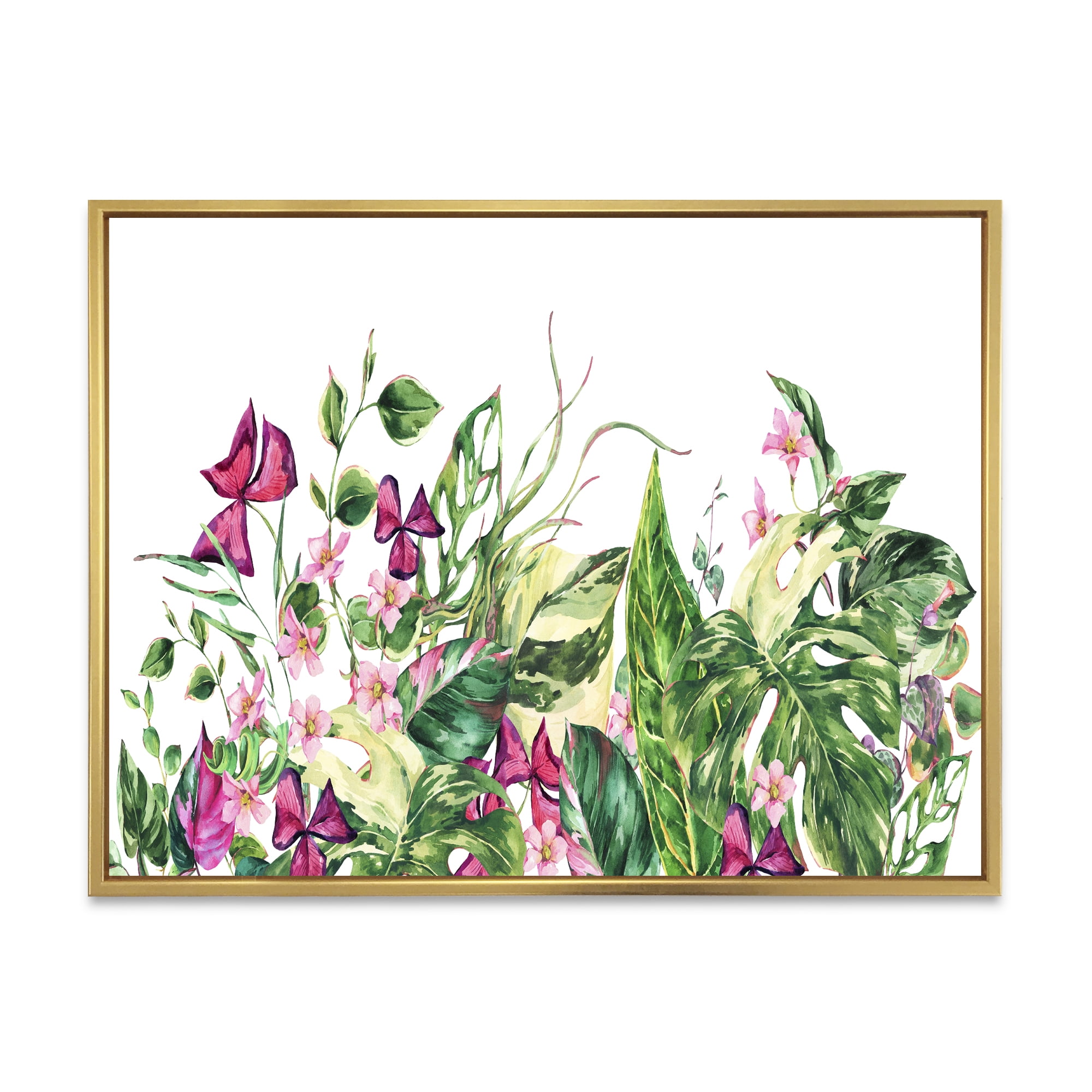 Designart 'Ancient Floral Tropical Leaves I' Tropical Framed Canvas Wall Art Print