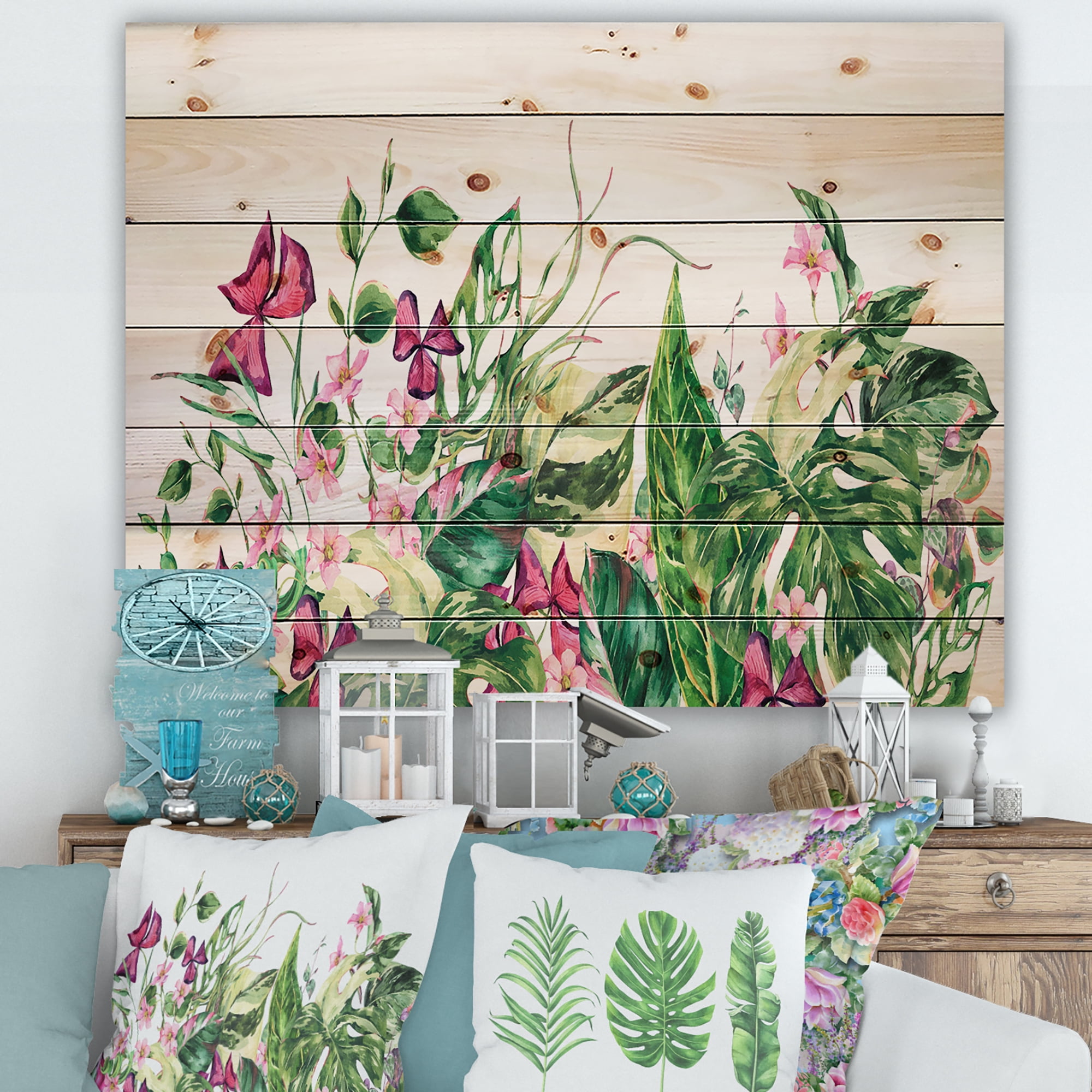 Designart 'Ancient Floral Tropical Leaves I' Tropical Print on Natural Pine Wood