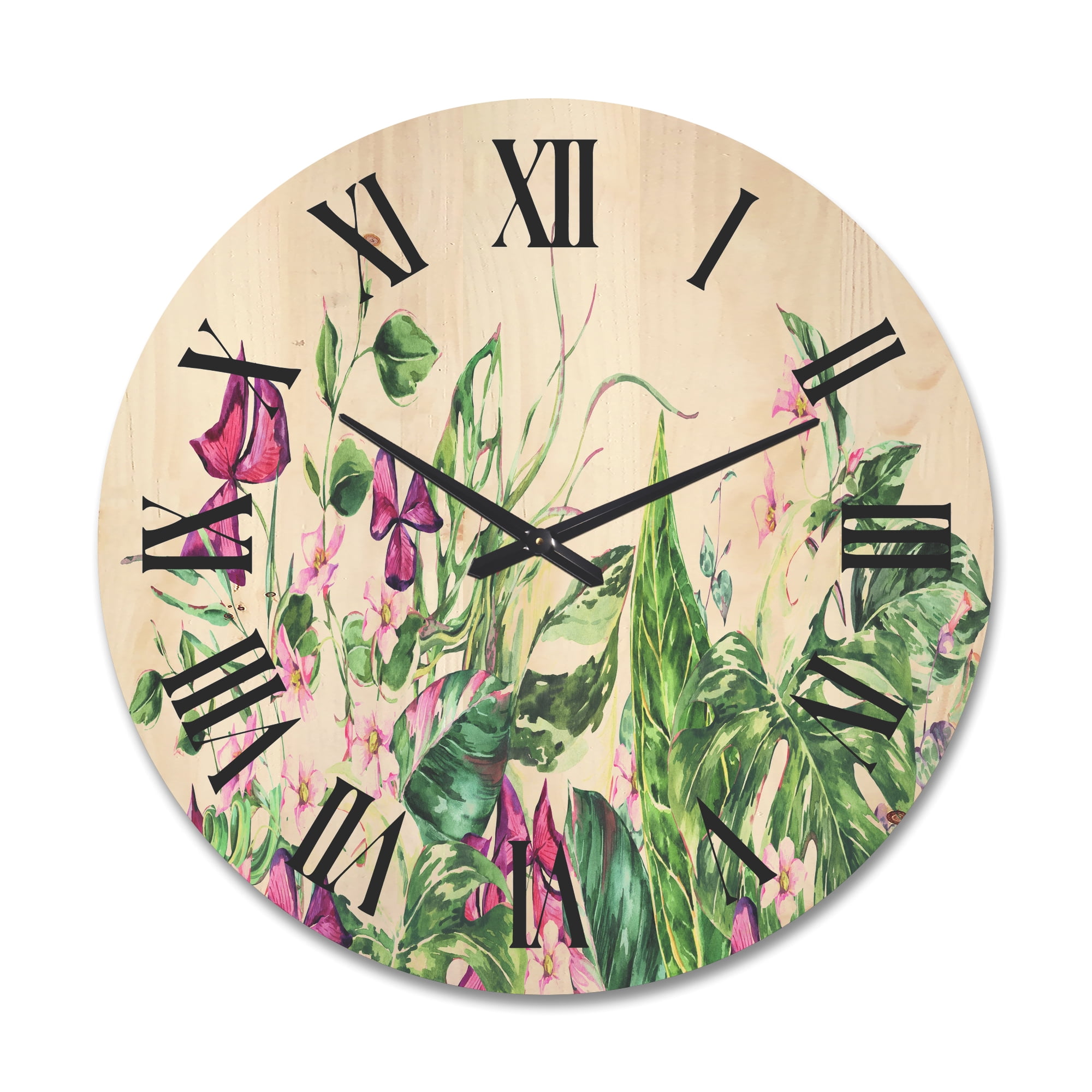 Designart 'Ancient Floral Tropical Leaves I' Tropical Wood Wall Clock