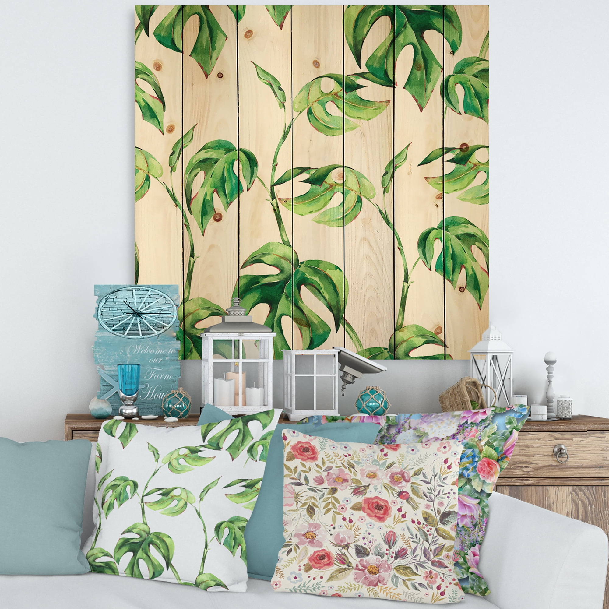 Designart 'Ancient Floral Tropical Leaves II' Tropical Print on Natural Pine Wood