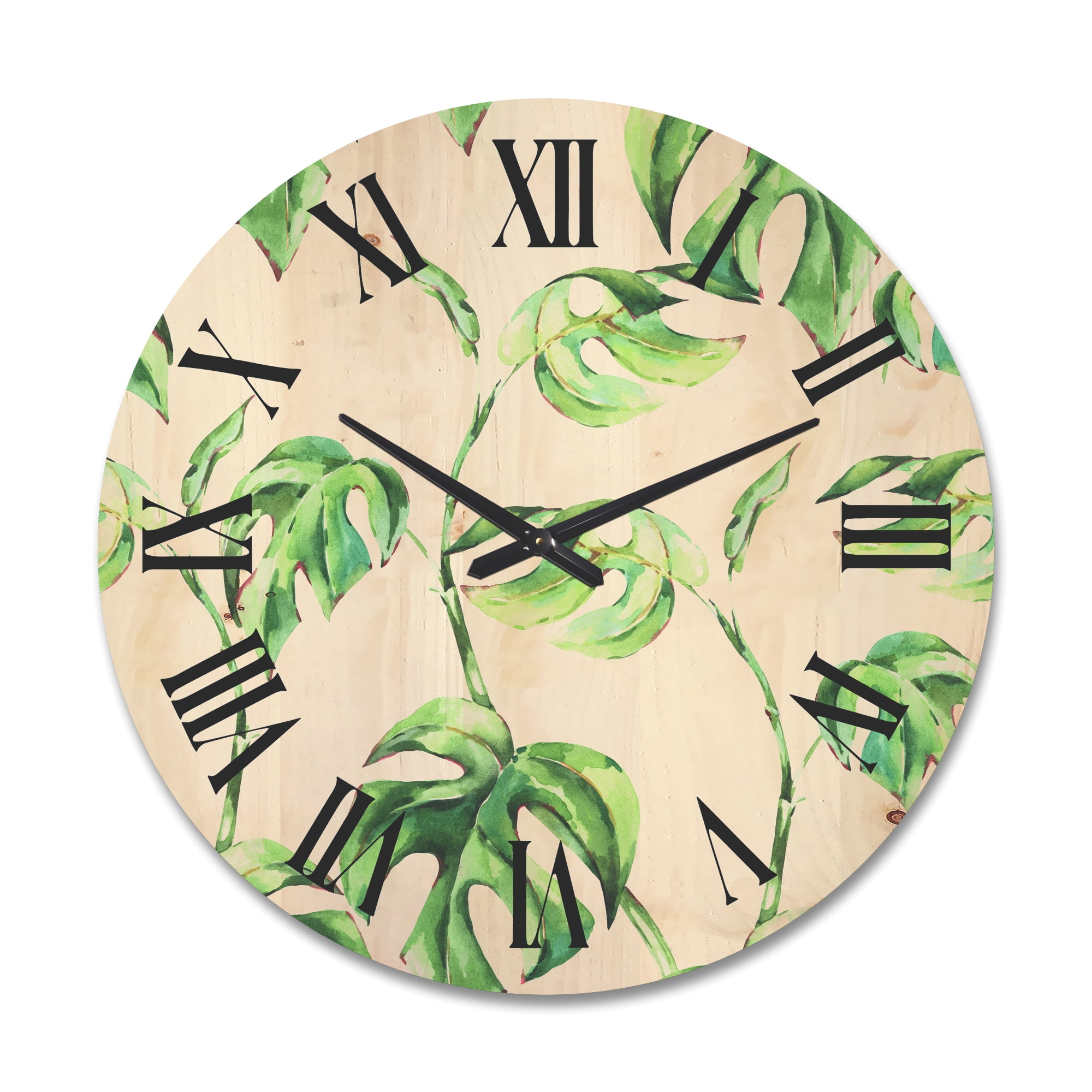 Designart 'Ancient Floral Tropical Leaves II' Tropical Wood Wall Clock