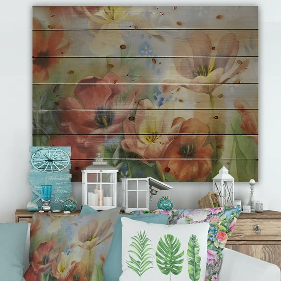 Designart 'Ancient Flowers In Dark Pastel Colours' Traditional Print on Natural Pine Wood