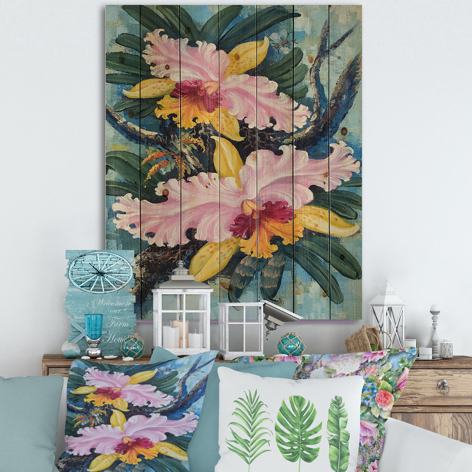 Designart 'Ancient Forest Orchids I' Traditional Print on Natural Pine Wood