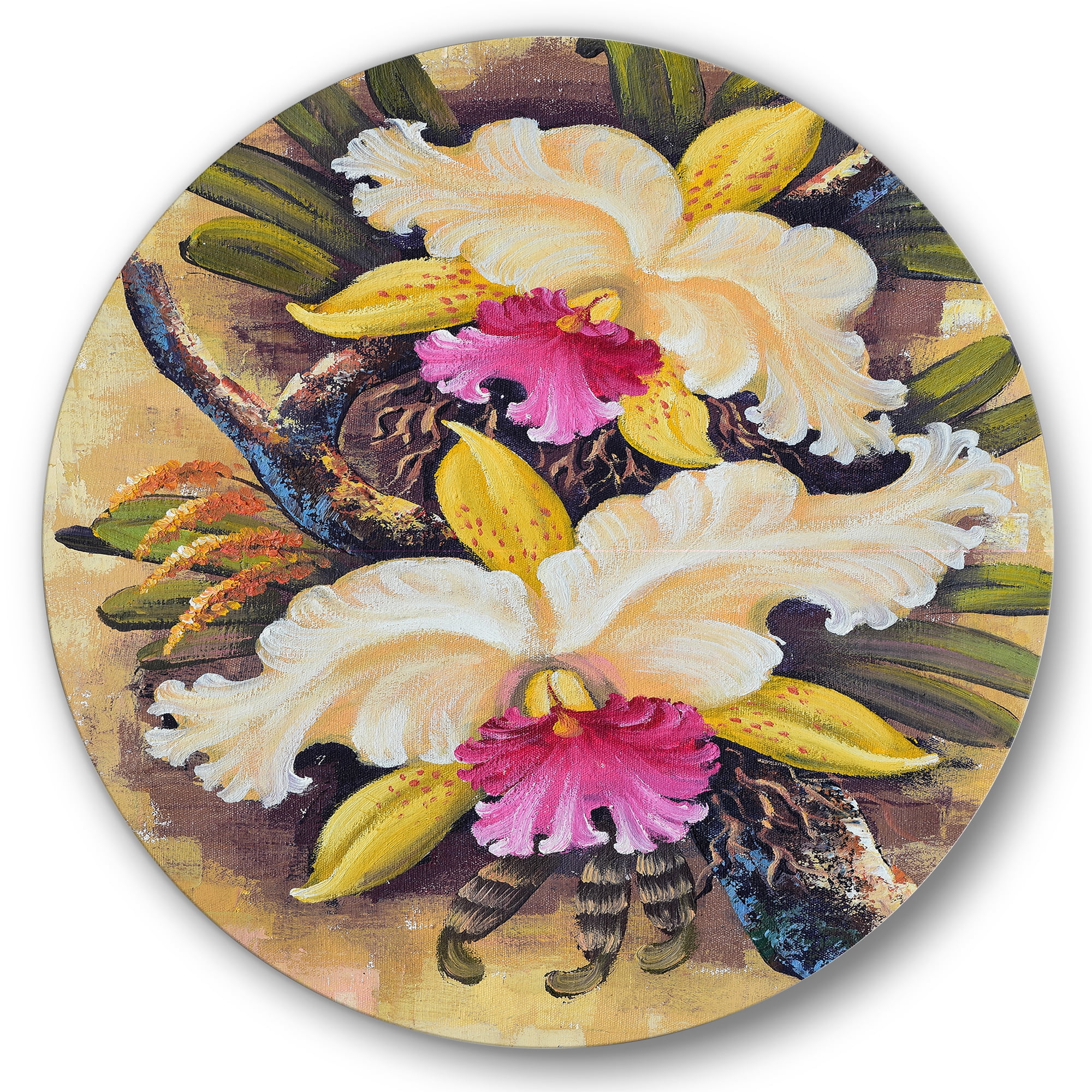 Designart 'Ancient Forest Orchids II' Traditional Circle Metal Wall Art 11x11 - Disc of 11