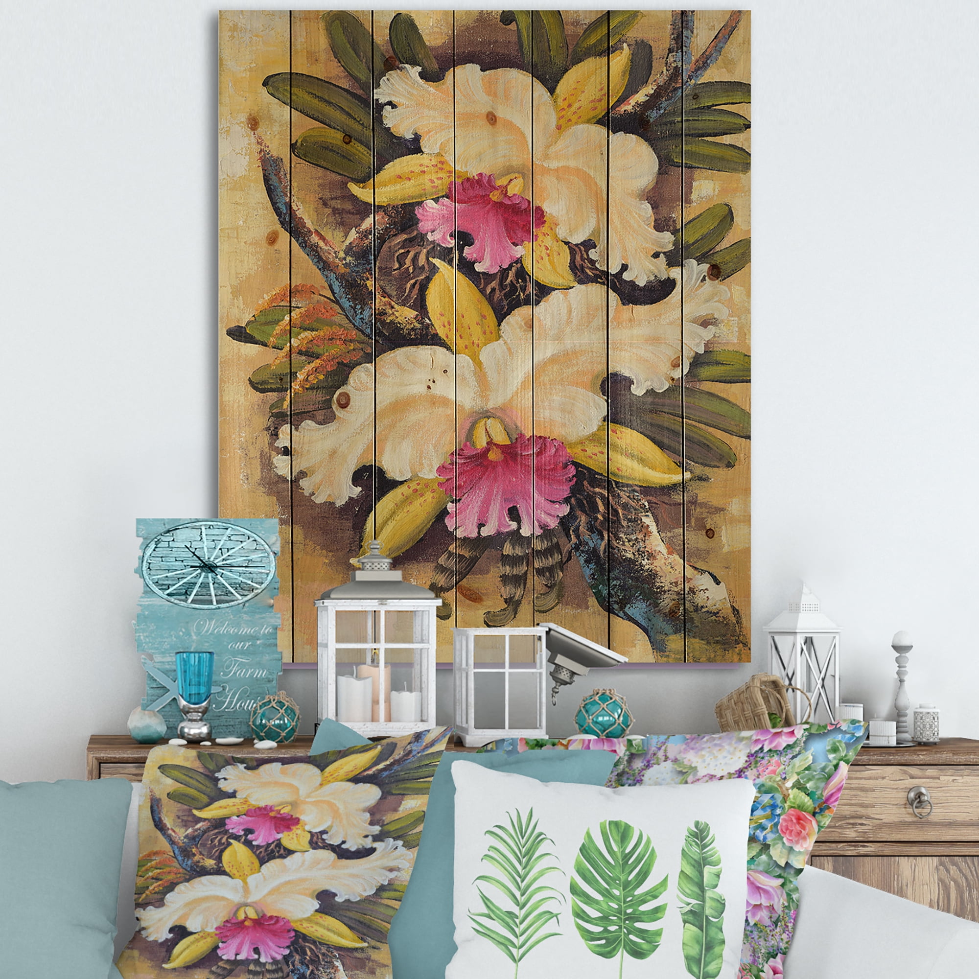 Designart 'Ancient Forest Orchids II' Traditional Print on Natural Pine Wood
