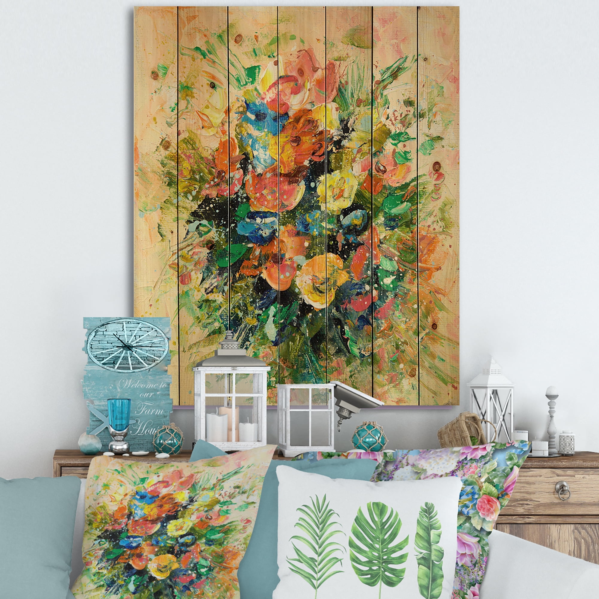 Designart 'Ancient Fresh Flowers Bouquet Of Wildflowers' Traditional Print on Natural Pine Wood