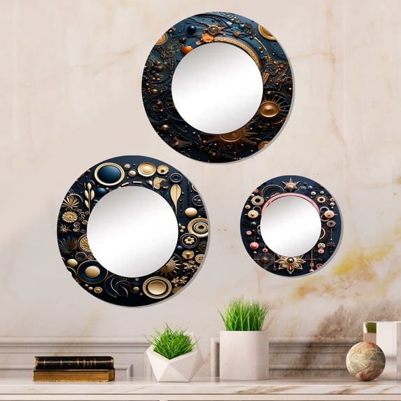 Designart "Ancient Gold Blue Compass Geometric Navigation I" Modern Round Mirror Set of 3 - Abstract Gold Round Living Room Wall Mirror Set
