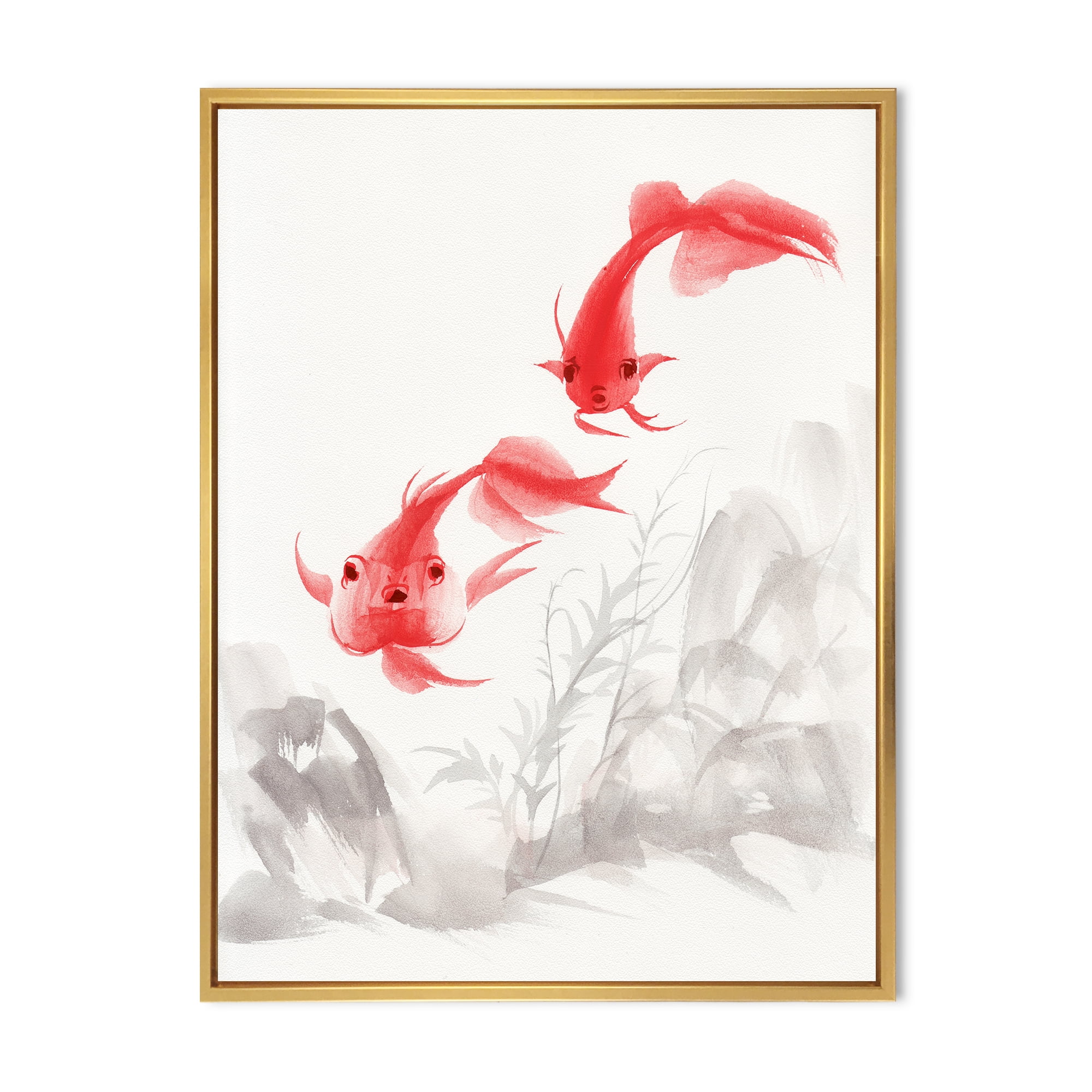 Designart 'Ancient Gold Fishes' Nautical & Coastal Framed Canvas Wall Art Print