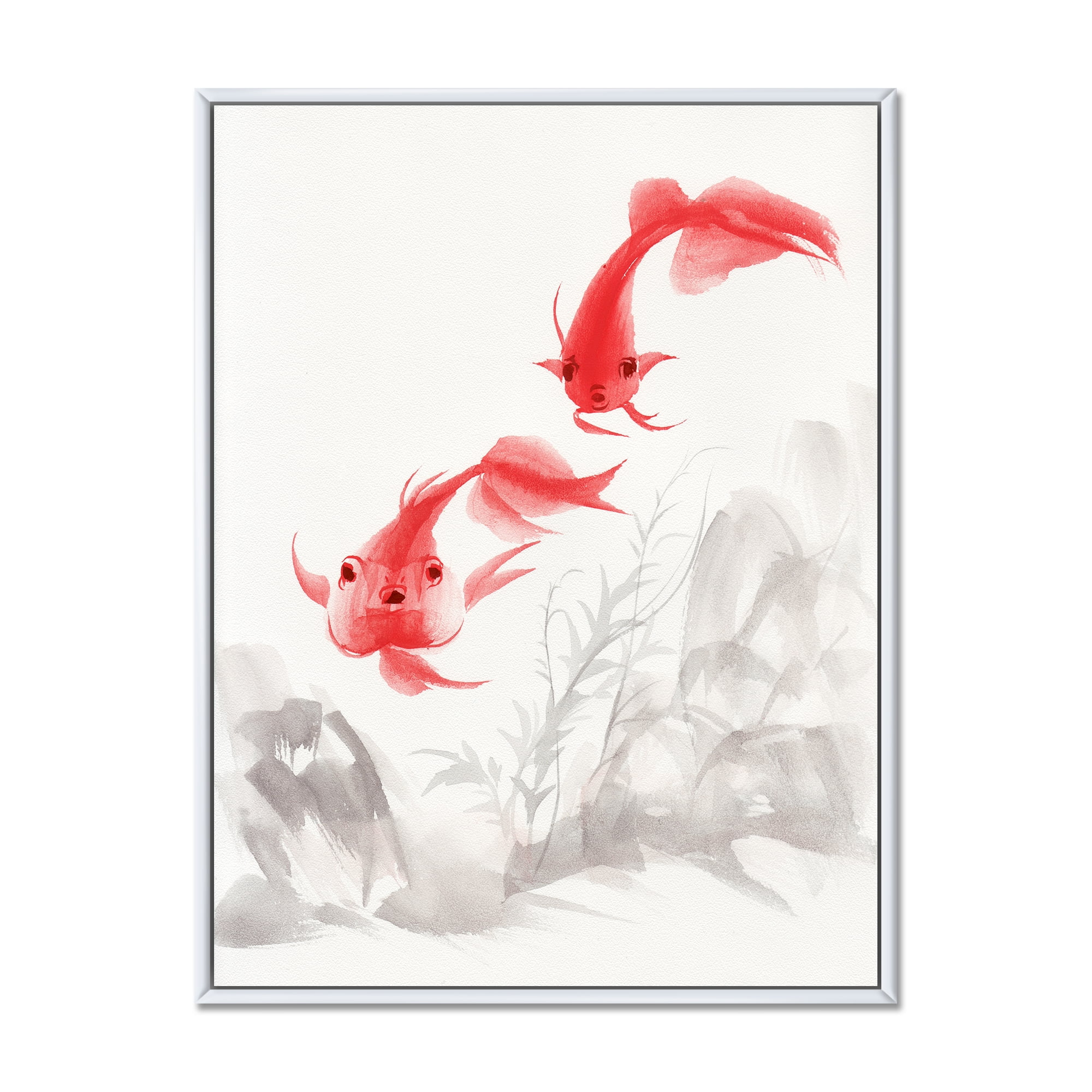Designart 'Ancient Gold Fishes' Nautical & Coastal Framed Canvas Wall Art Print