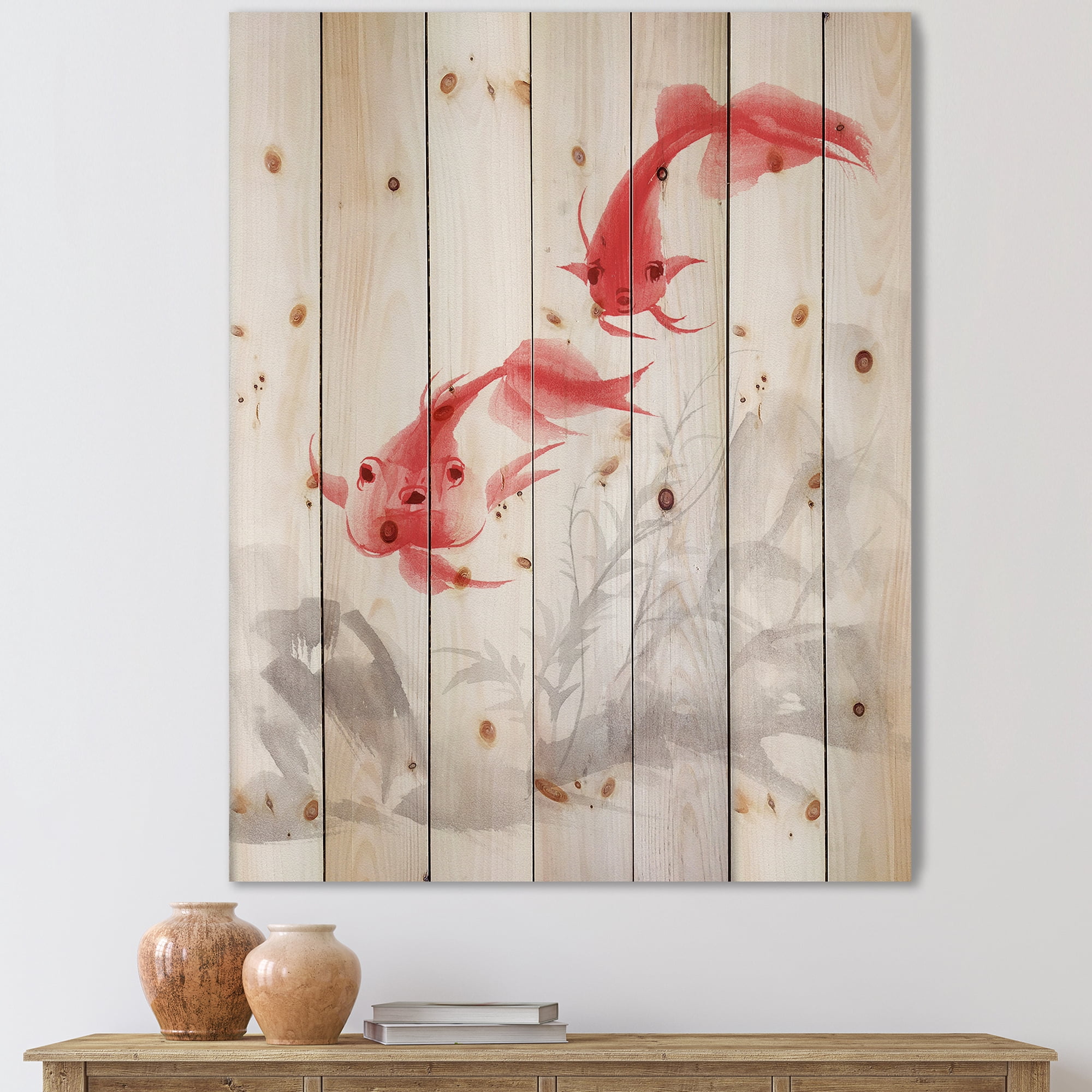 Designart 'Ancient Gold Fishes' Nautical & Coastal Print on Natural Pine Wood