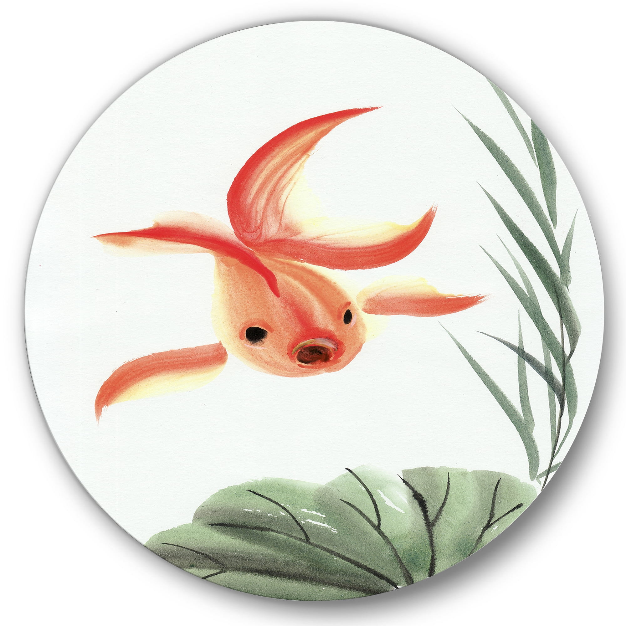 Designart 'Ancient Goldfish and The Lotus Leaf' Nautical & Coastal Circle Metal Wall Art 29x29 - Disc of 29
