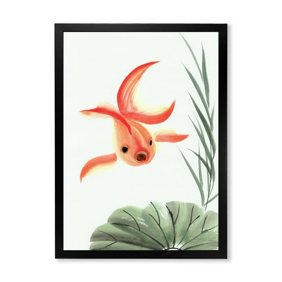 Designart 'Ancient Goldfish and The Lotus Leaf' Nautical & Coastal Framed Art Print