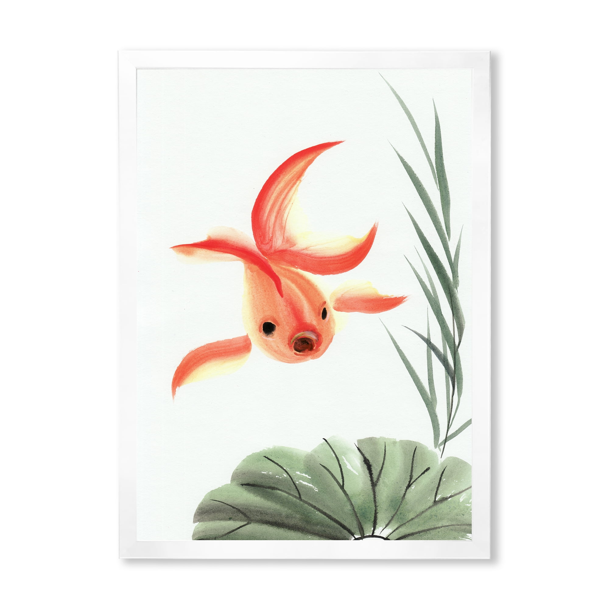 Designart 'Ancient Goldfish and The Lotus Leaf' Nautical & Coastal Framed Art Print