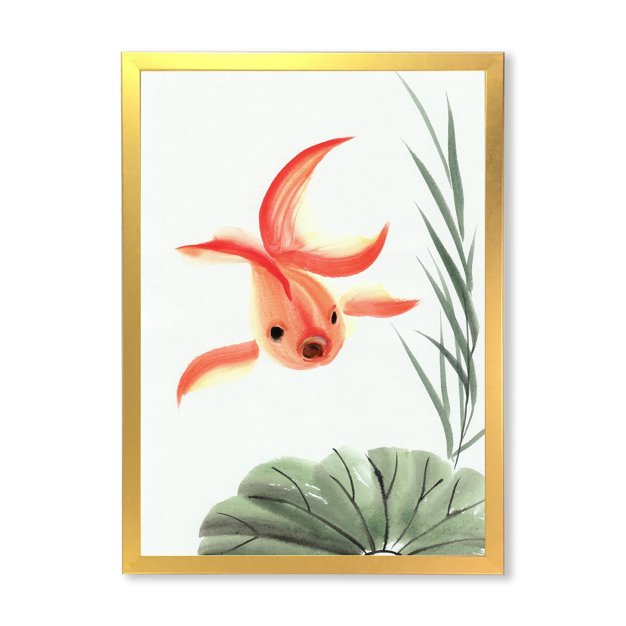 Designart 'Ancient Goldfish and The Lotus Leaf' Nautical & Coastal Framed Art Print