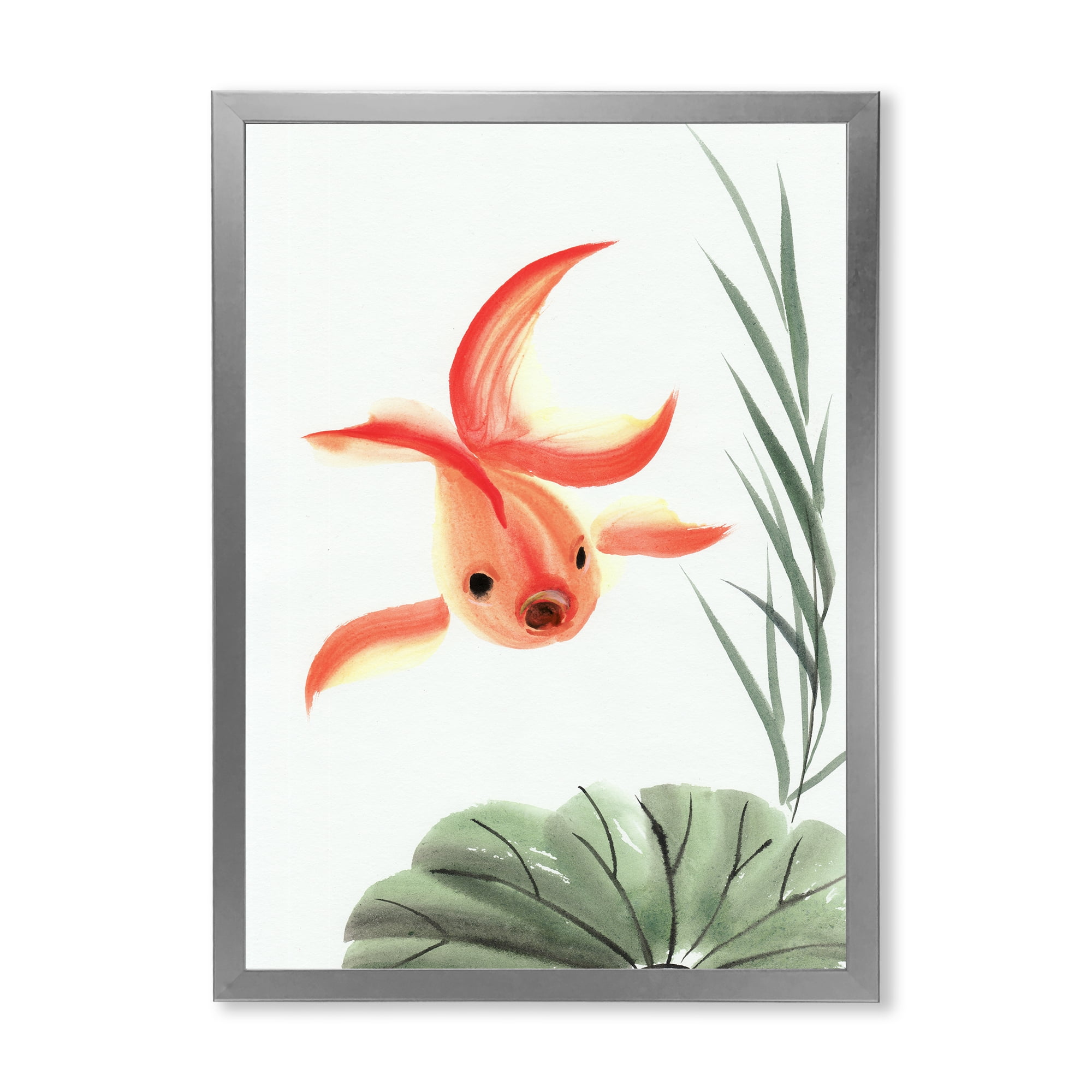 Designart 'Ancient Goldfish and The Lotus Leaf' Nautical & Coastal Framed Art Print