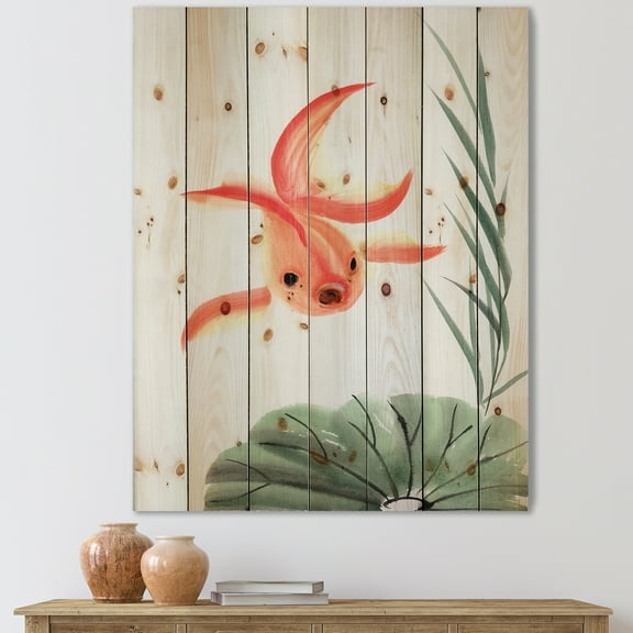 Designart 'Ancient Goldfish and The Lotus Leaf' Nautical & Coastal Print on Natural Pine Wood