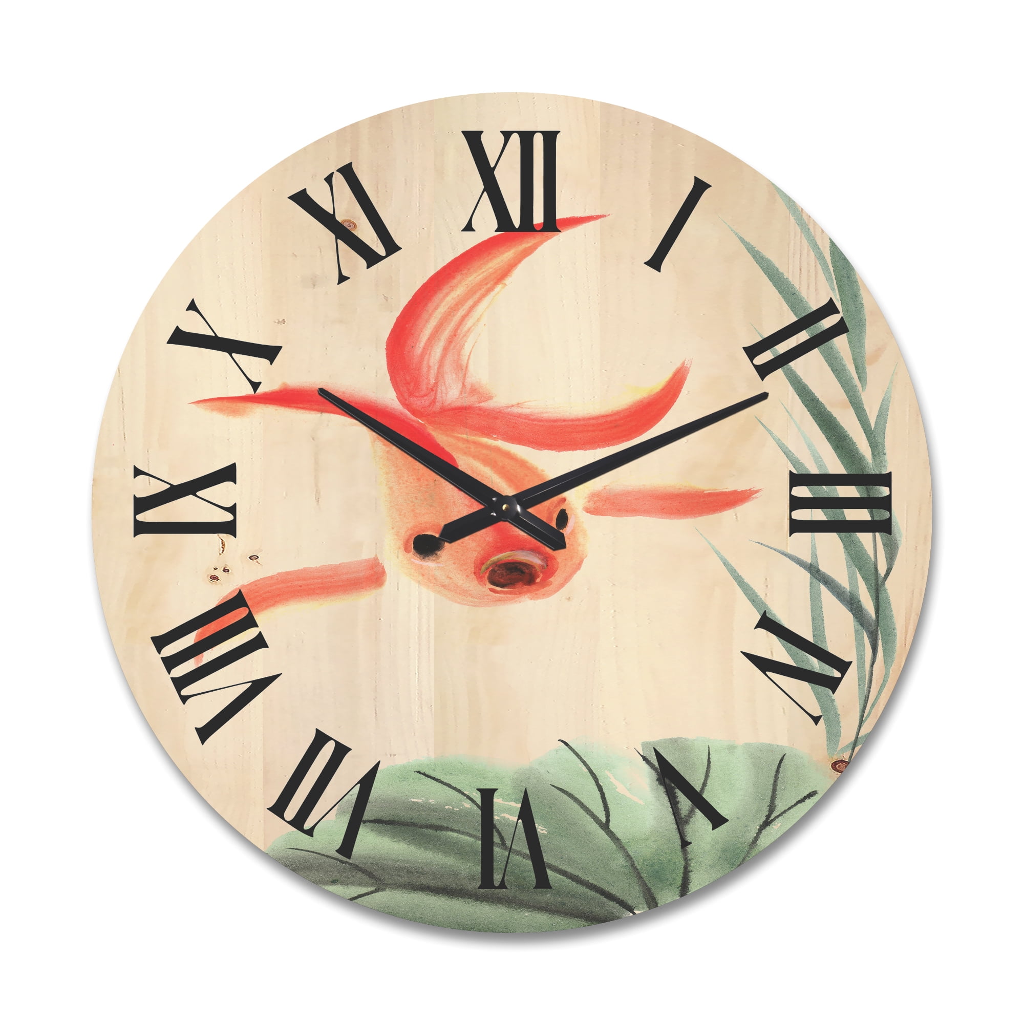 Designart 'Ancient Goldfish and The Lotus Leaf' Nautical & Coastal Wood Wall Clock
