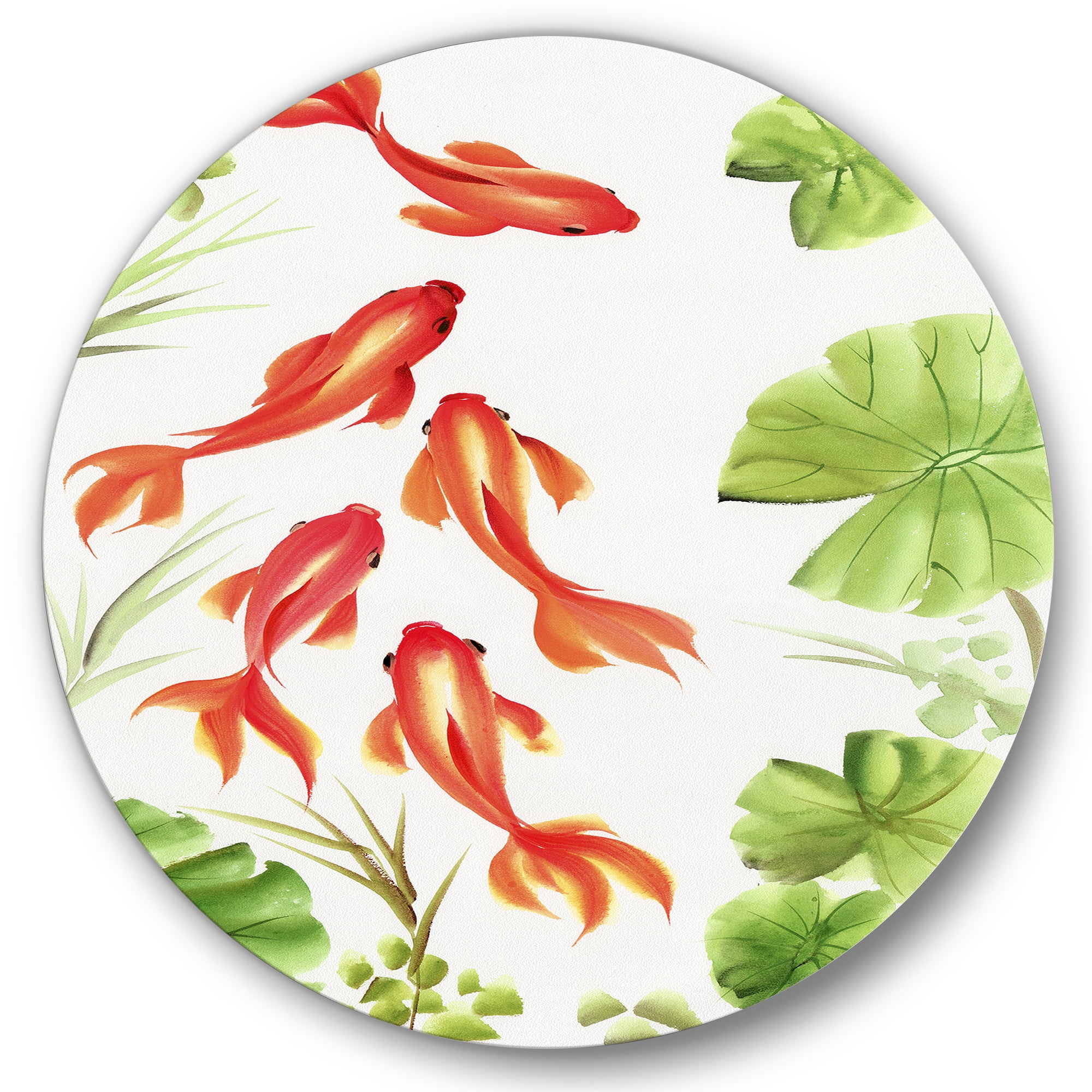 Designart 'Ancient Goldfishes Among The Lotus Leaves' Nautical & Coastal Circle Metal Wall Art 11x11 - Disc of 11