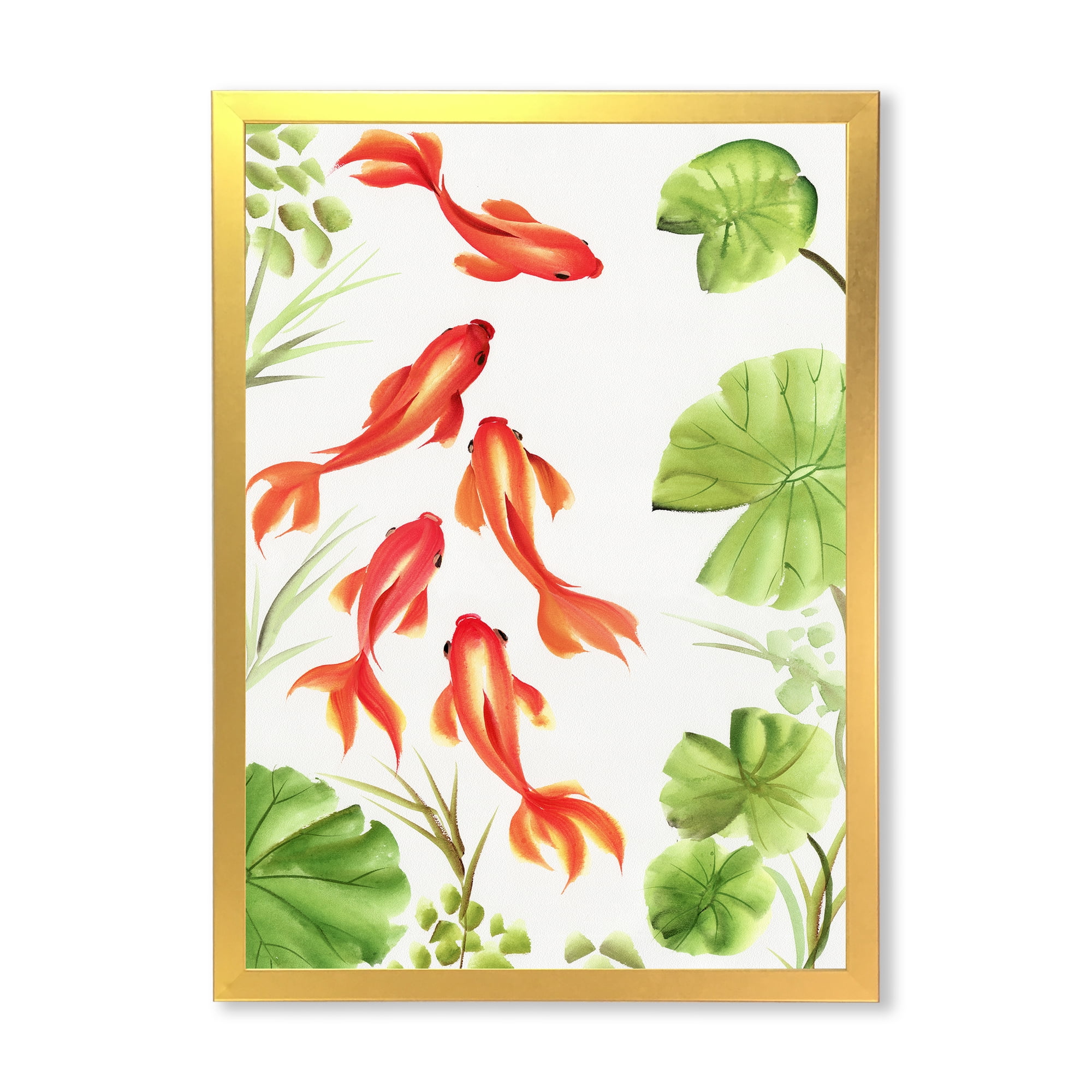 Designart 'Ancient Goldfishes Among The Lotus Leaves' Nautical & Coastal Framed Art Print