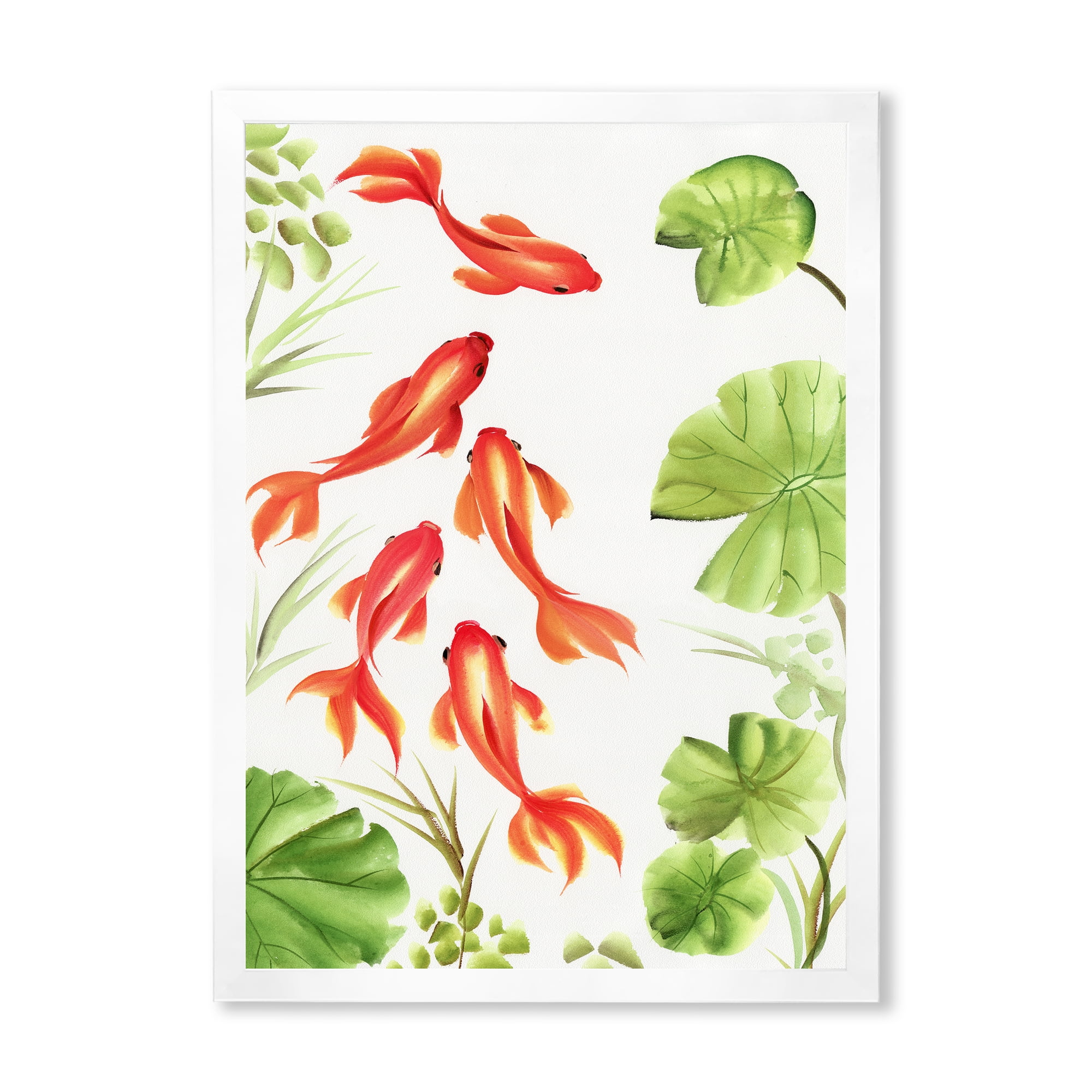 Designart 'Ancient Goldfishes Among The Lotus Leaves' Nautical & Coastal Framed Art Print