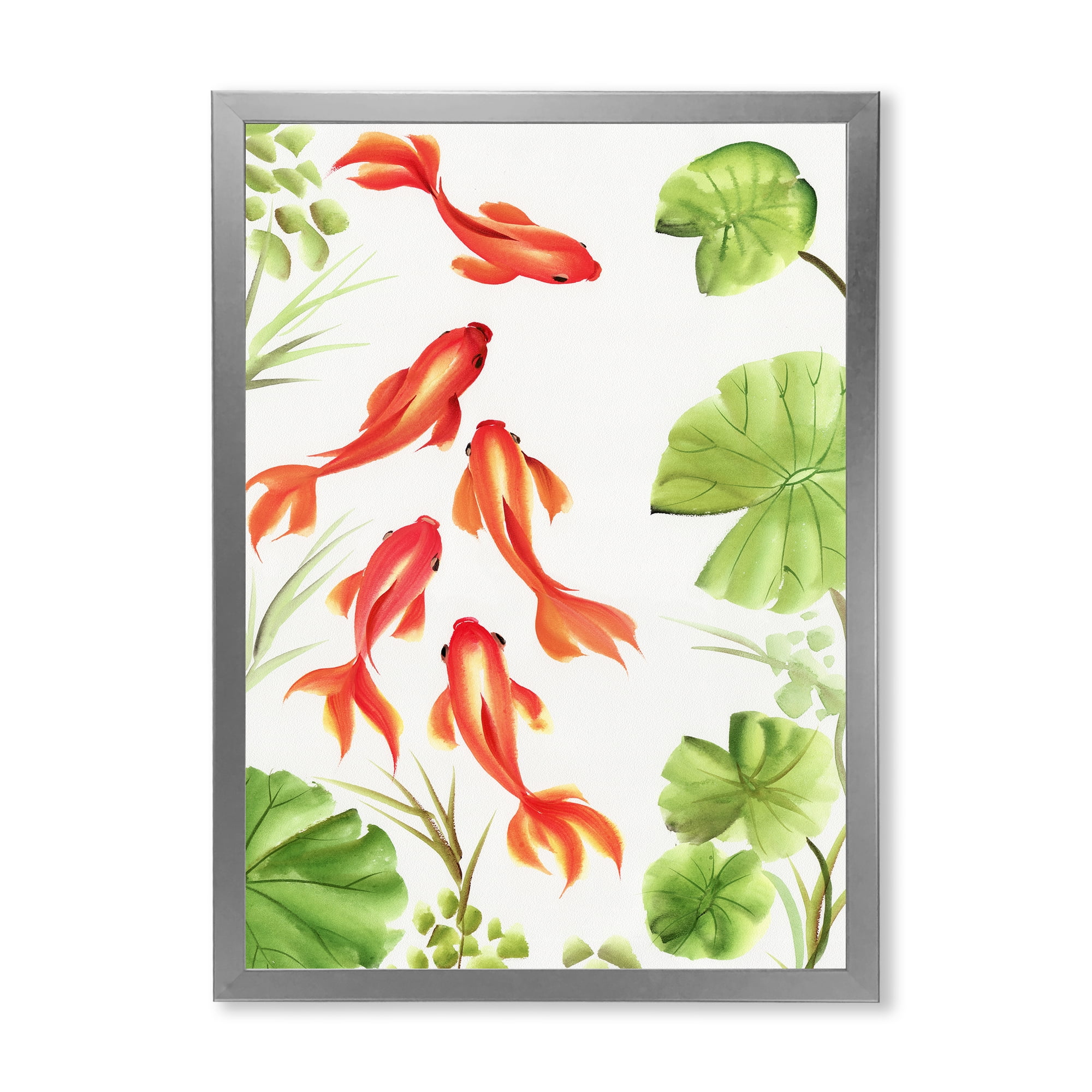 Designart 'Ancient Goldfishes Among The Lotus Leaves' Nautical & Coastal Framed Art Print