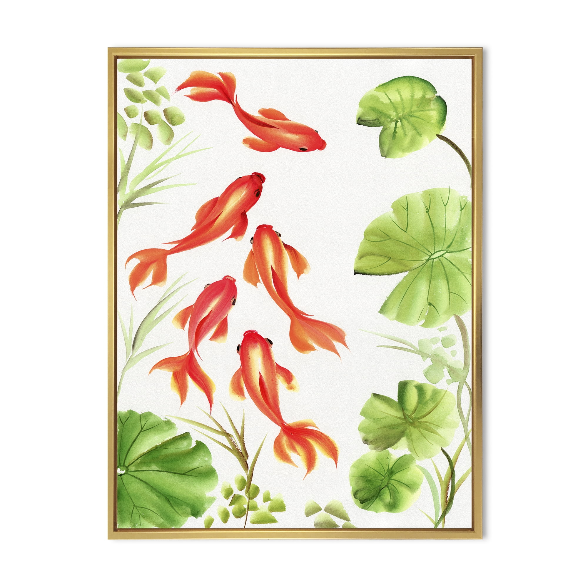 Designart 'Ancient Goldfishes Among The Lotus Leaves' Nautical & Coastal Framed Canvas Wall Art Print