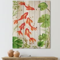 Designart 'Ancient Goldfishes Among The Lotus Leaves' Nautical & Coastal Print on Natural Pine Wood