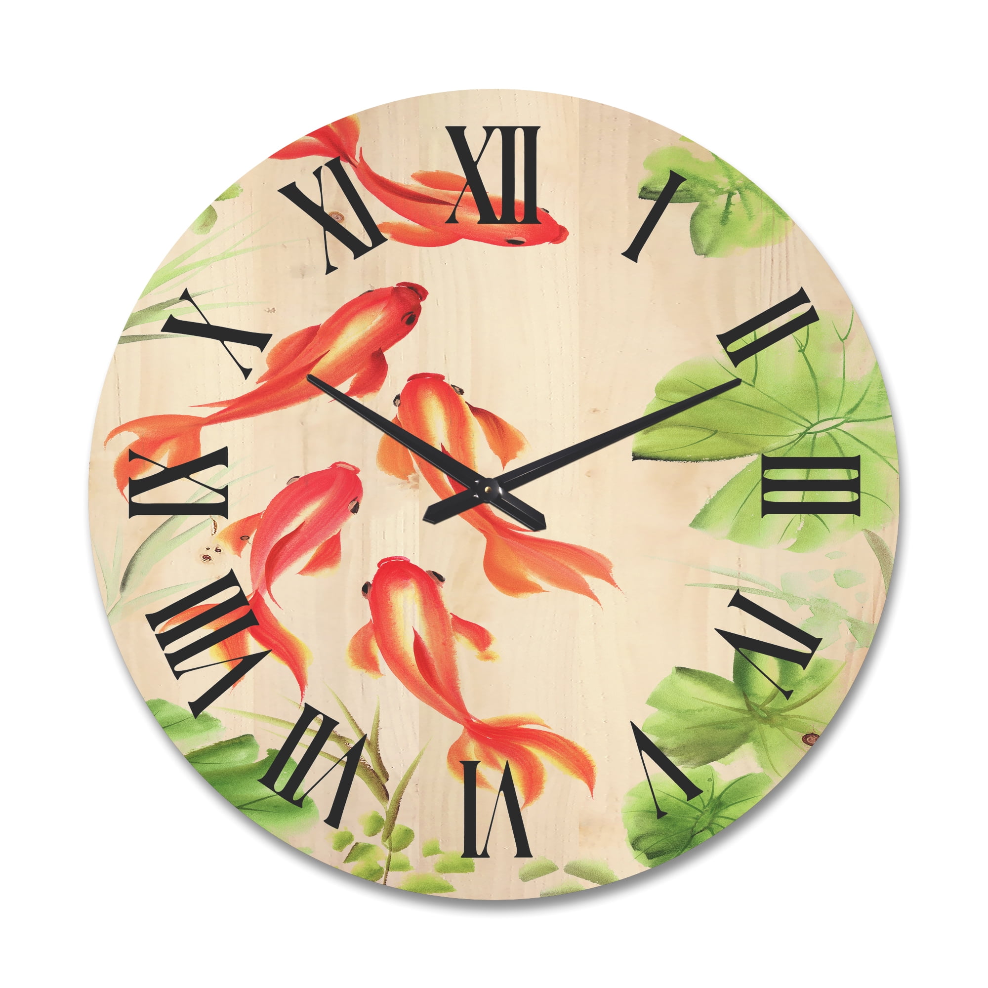 Designart 'Ancient Goldfishes Among The Lotus Leaves' Nautical & Coastal Wood Wall Clock