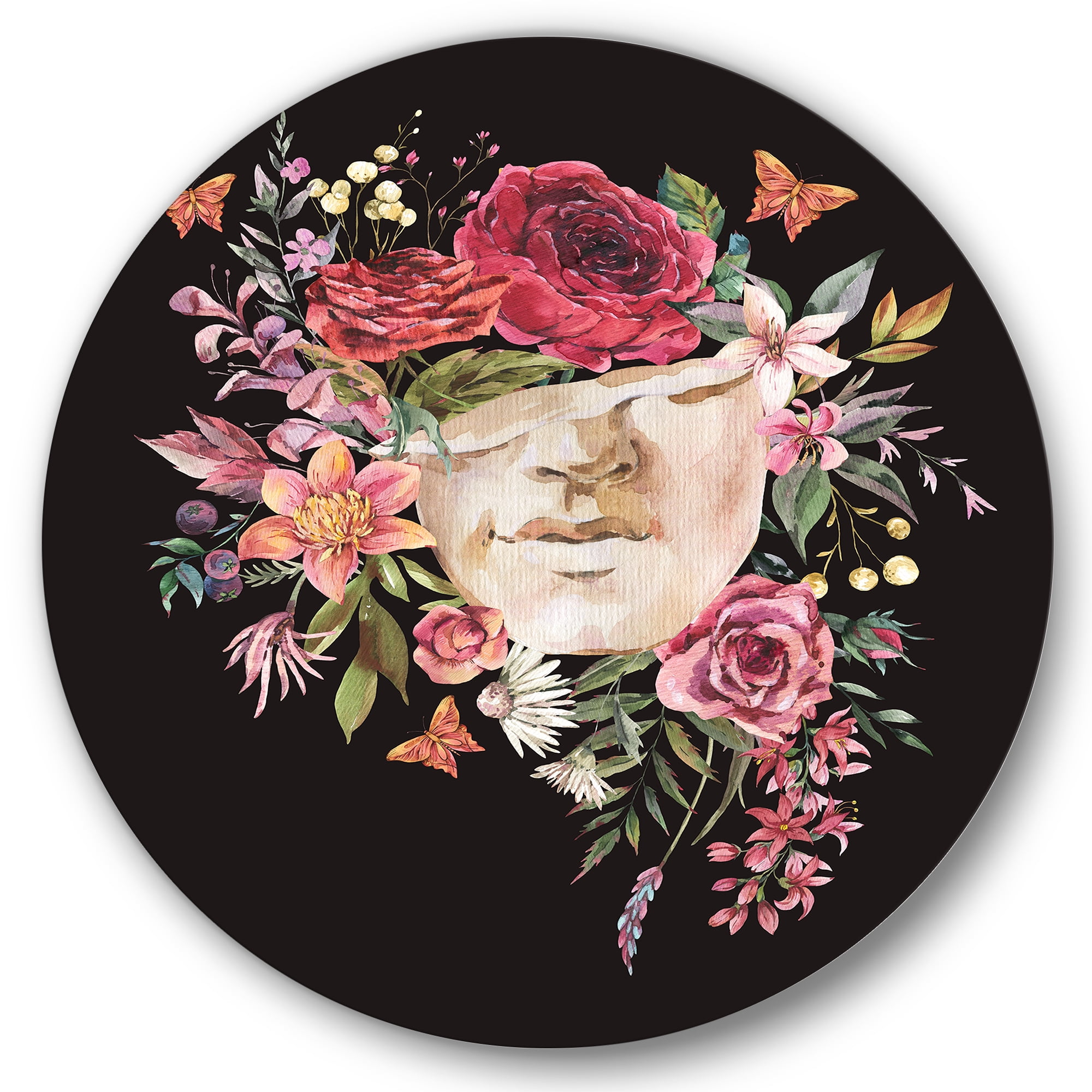 Designart 'Ancient Greek Sculpture Detail With Dry Flowers' Traditional Circle Metal Wall Art 29x29 - Disc of 29
