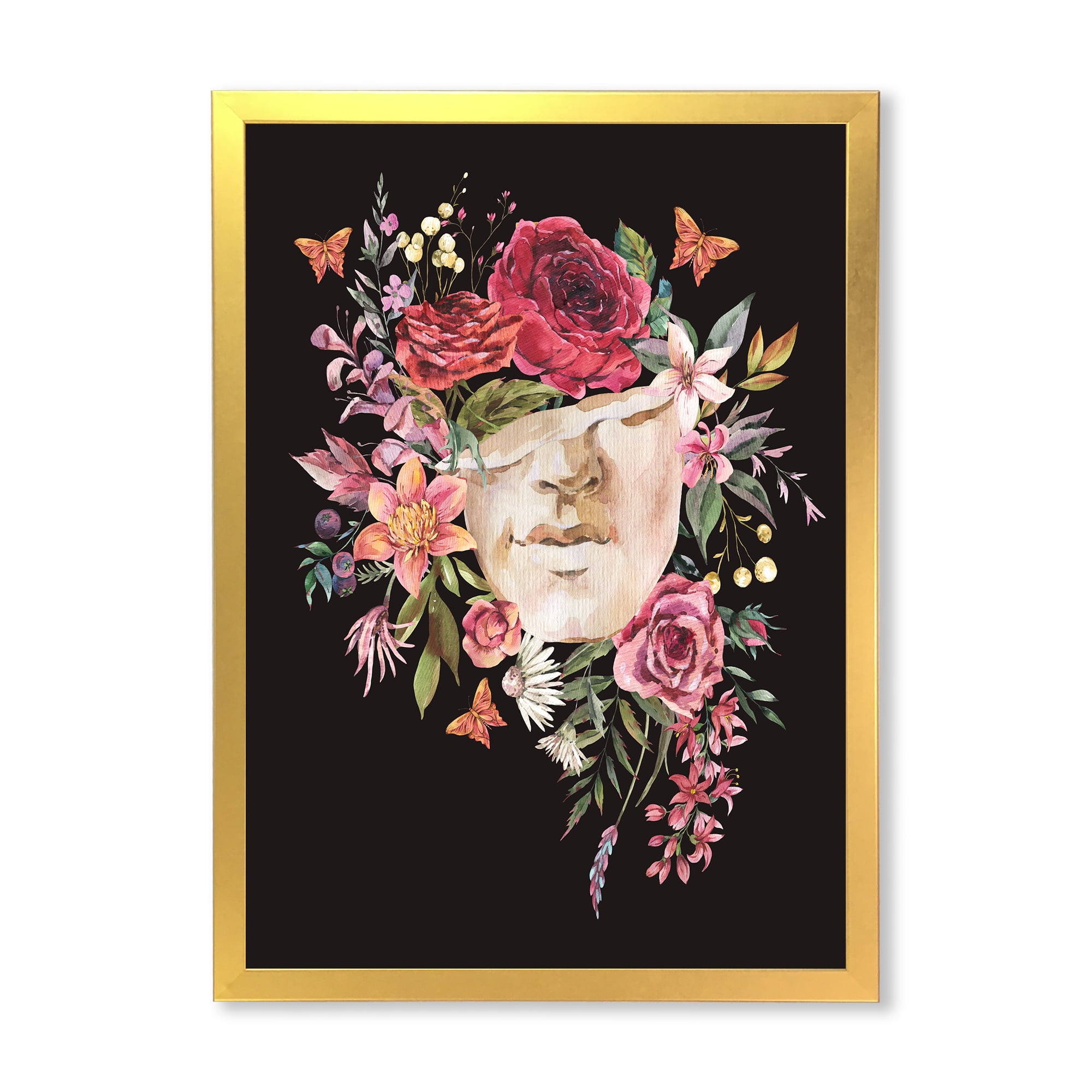 Designart 'Ancient Greek Sculpture Detail With Dry Flowers' Traditional Framed Art Print