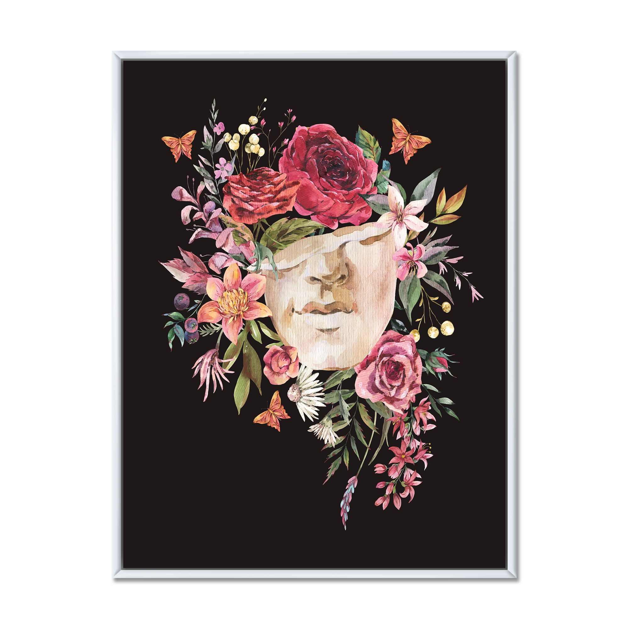 Designart 'Ancient Greek Sculpture Detail With Dry Flowers' Traditional Framed Canvas Wall Art Print