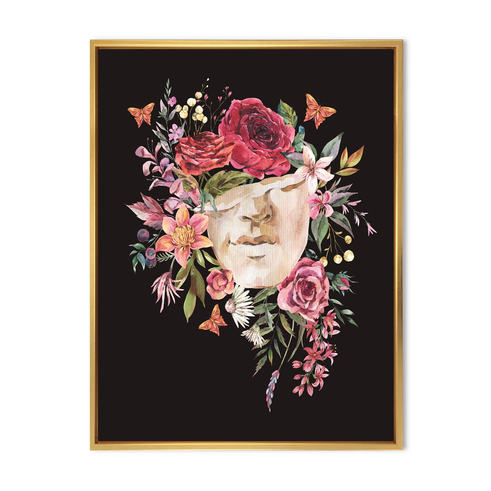 Designart 'Ancient Greek Sculpture Detail With Dry Flowers' Traditional Framed Canvas Wall Art Print