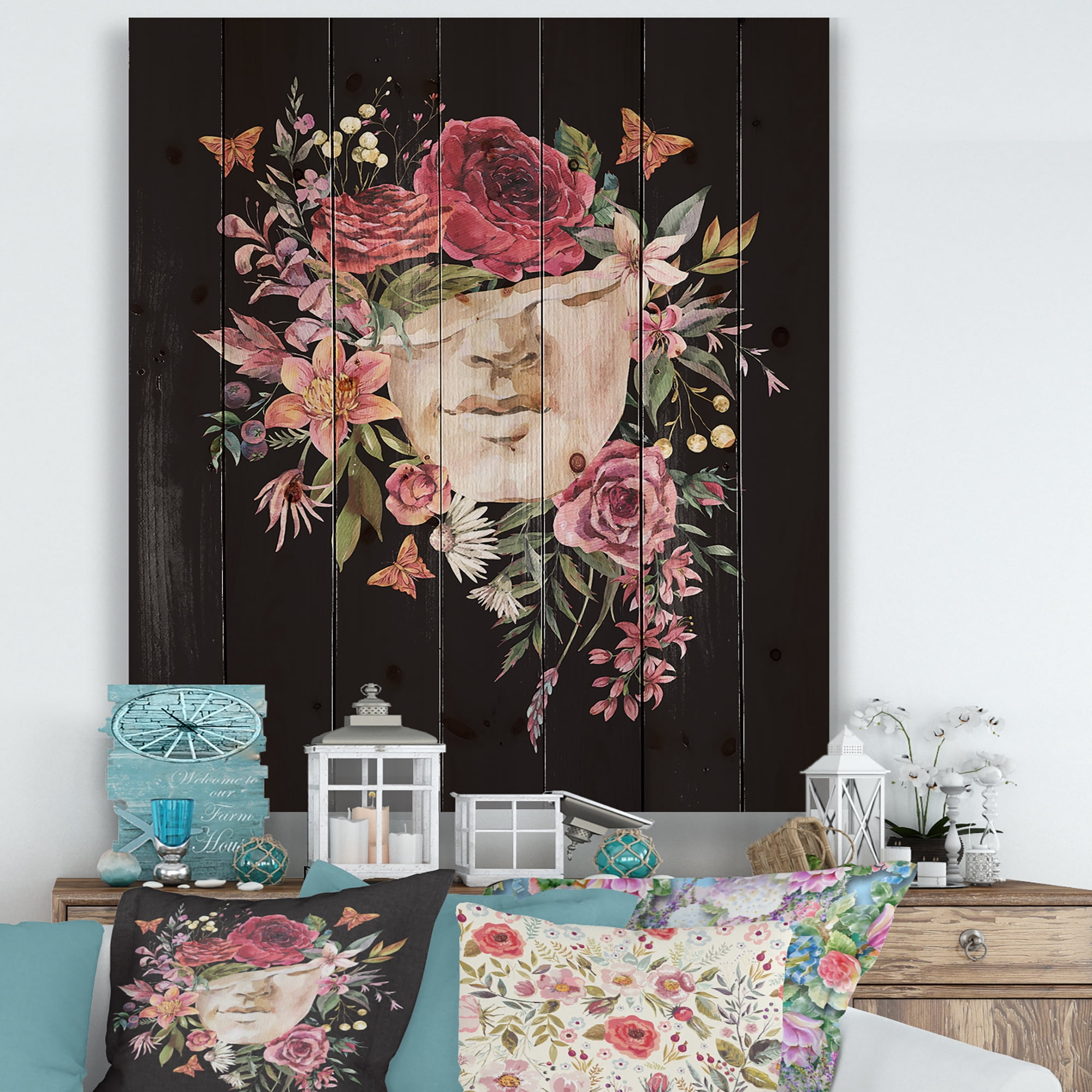 Designart 'Ancient Greek Sculpture Detail With Dry Flowers' Traditional Print on Natural Pine Wood