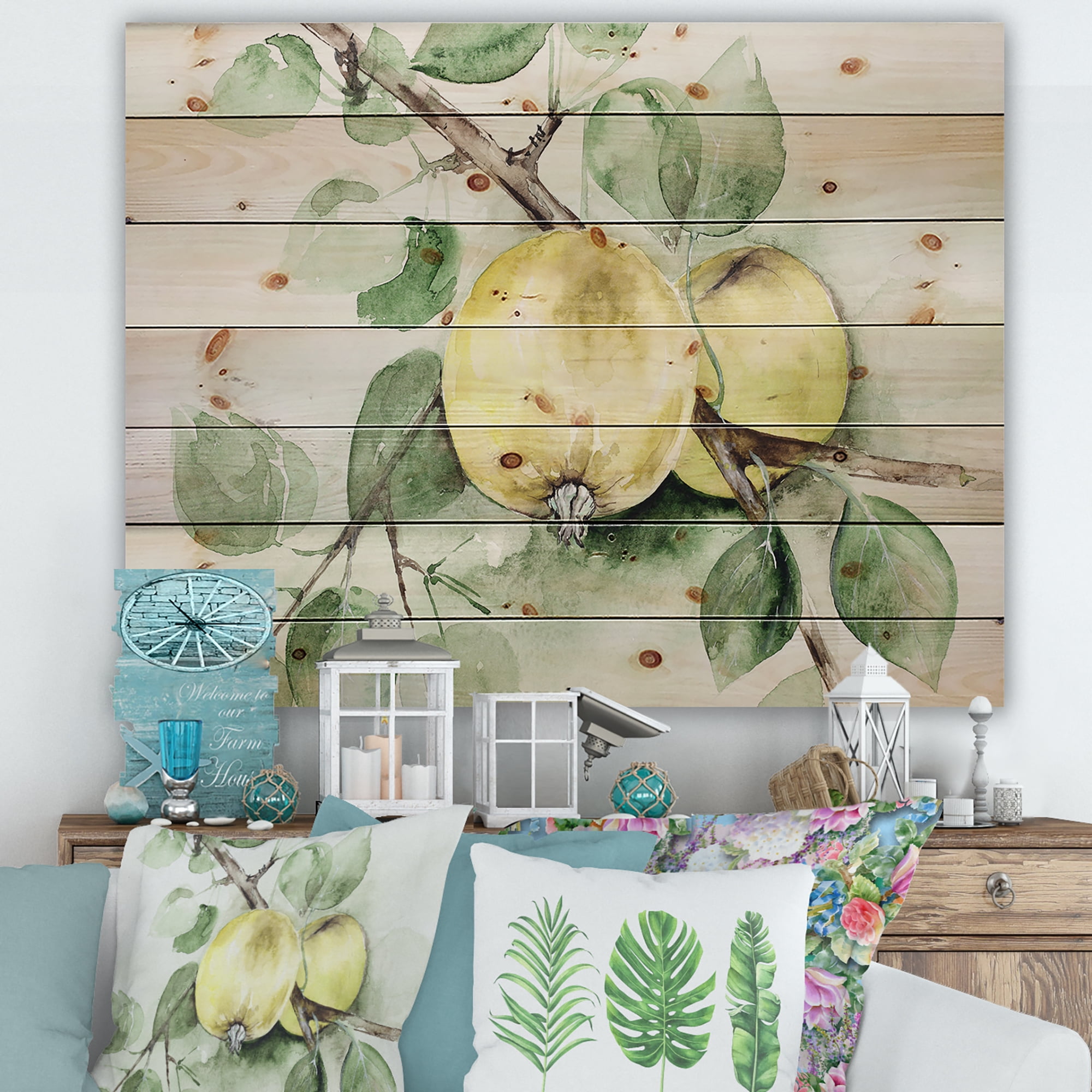 Designart 'Ancient Green Appels' Farmhouse Print on Natural Pine Wood