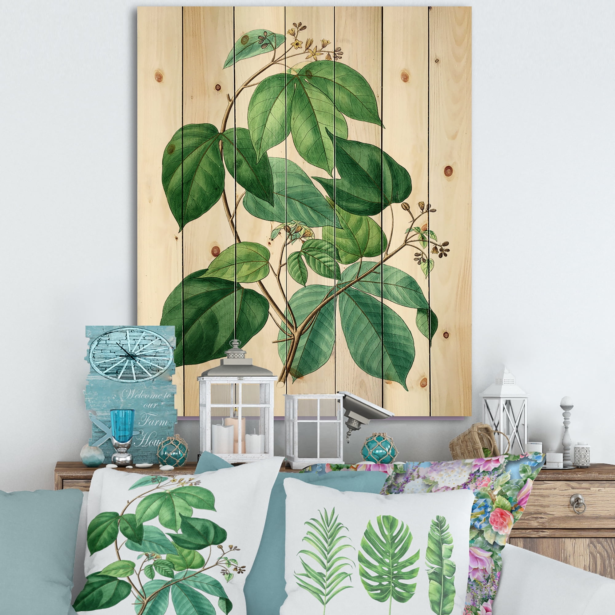 Designart 'Ancient Green Leaves Plants III' Traditional Print on Natural Pine Wood