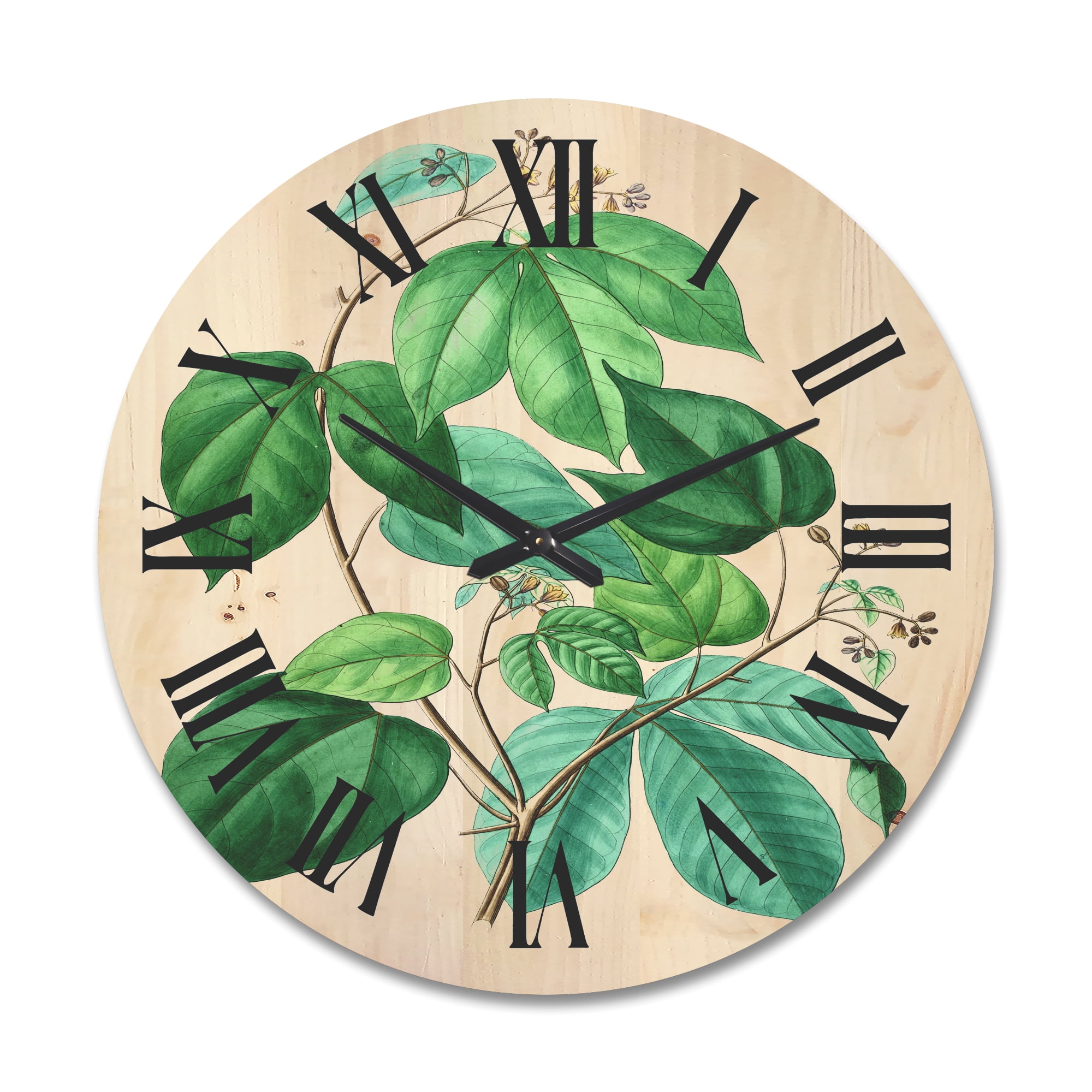 Designart 'Ancient Green Leaves Plants III' Traditional Wood Wall Clock