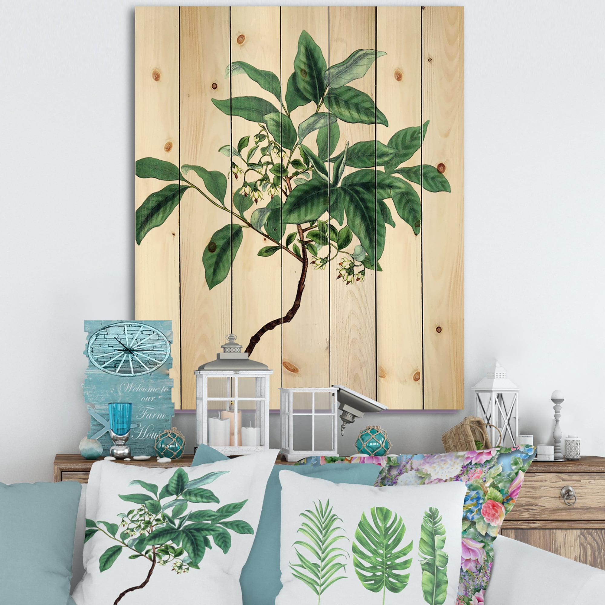 Designart 'Ancient Green Leaves Plants IV' Traditional Print on Natural Pine Wood