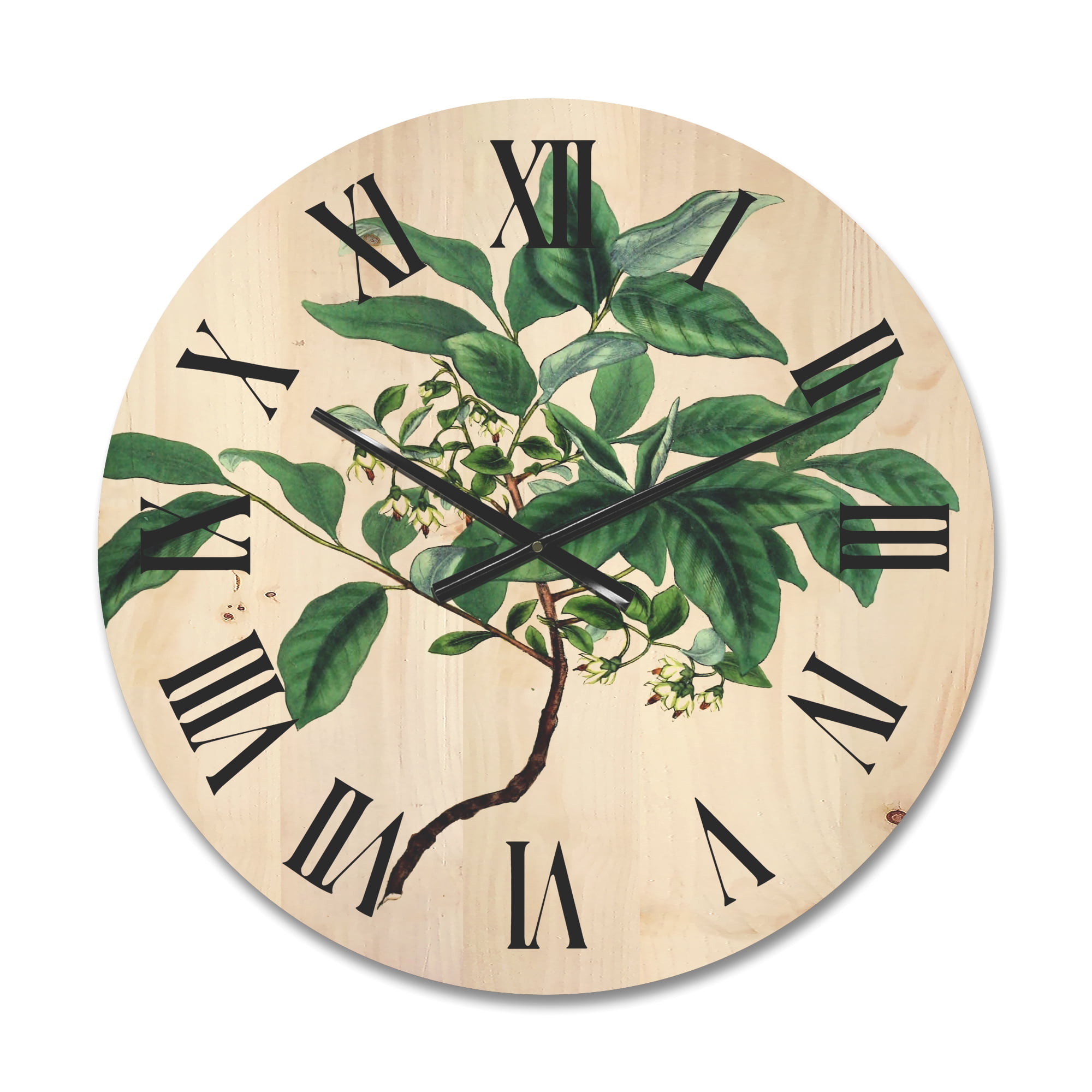 Designart 'Ancient Green Leaves Plants IV' Traditional Wood Wall Clock