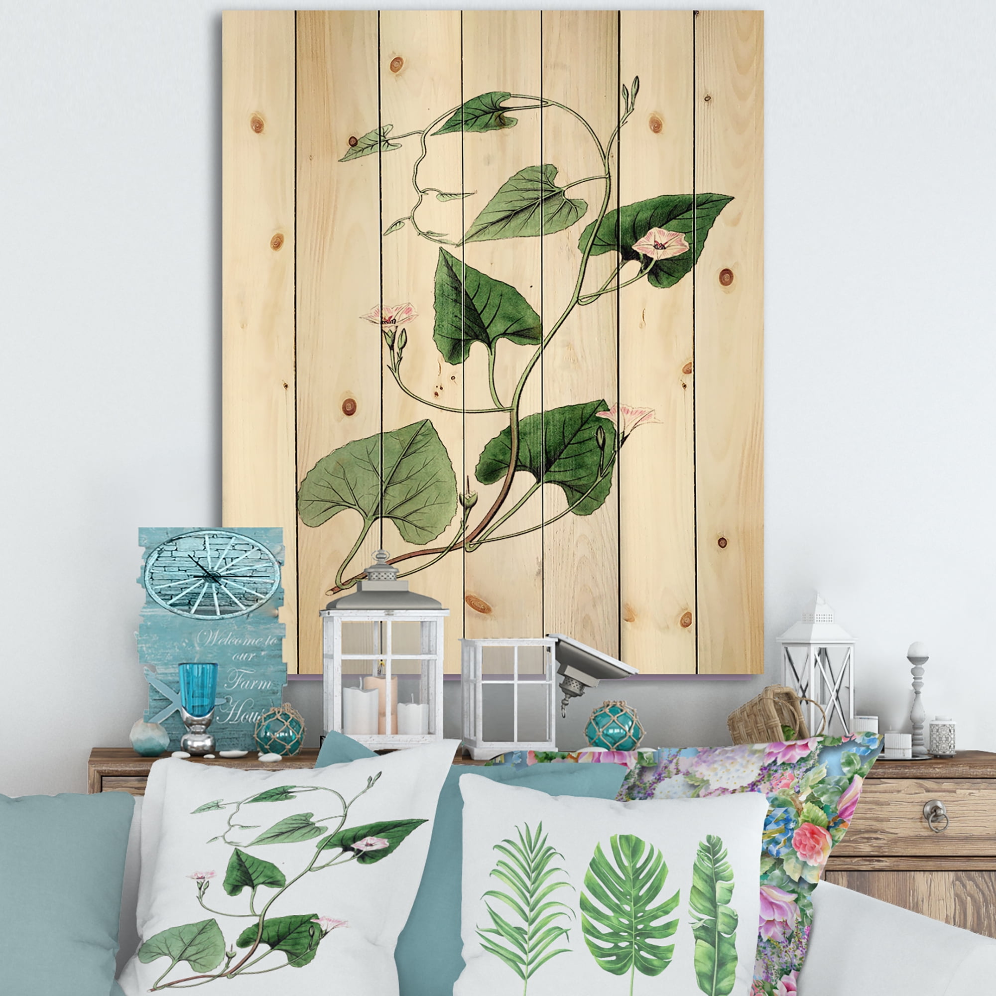 Designart 'Ancient Green Leaves Plants IX' Traditional Print on Natural Pine Wood