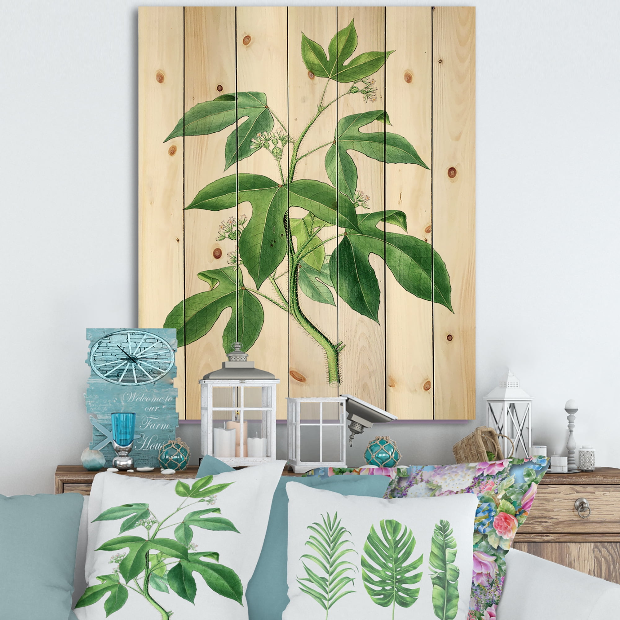 Designart 'Ancient Green Leaves Plants V' Traditional Print on Natural Pine Wood