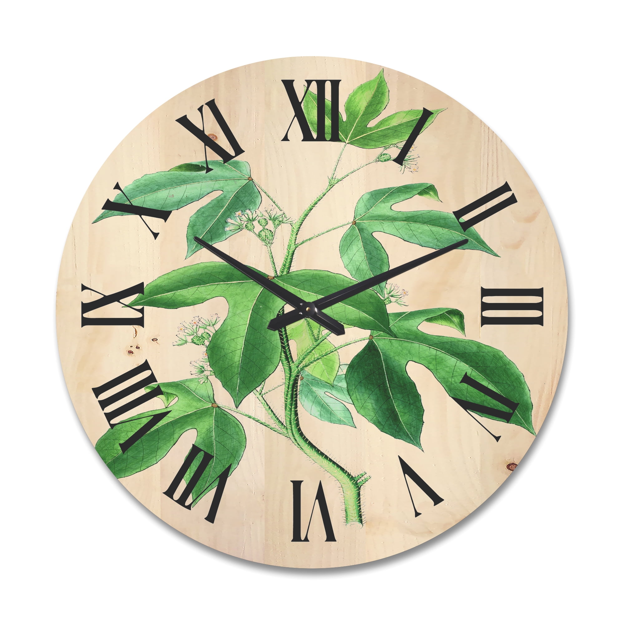 Designart 'Ancient Green Leaves Plants V' Traditional Wood Wall Clock