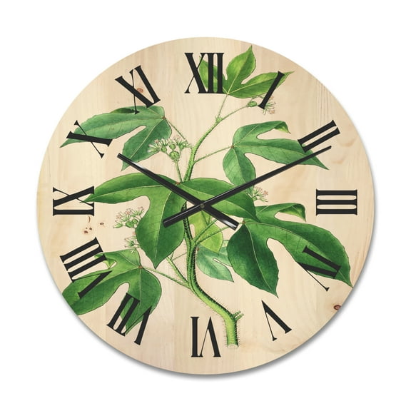 Designart 'Ancient Green Leaves Plants V' Traditional Wood Wall Clock