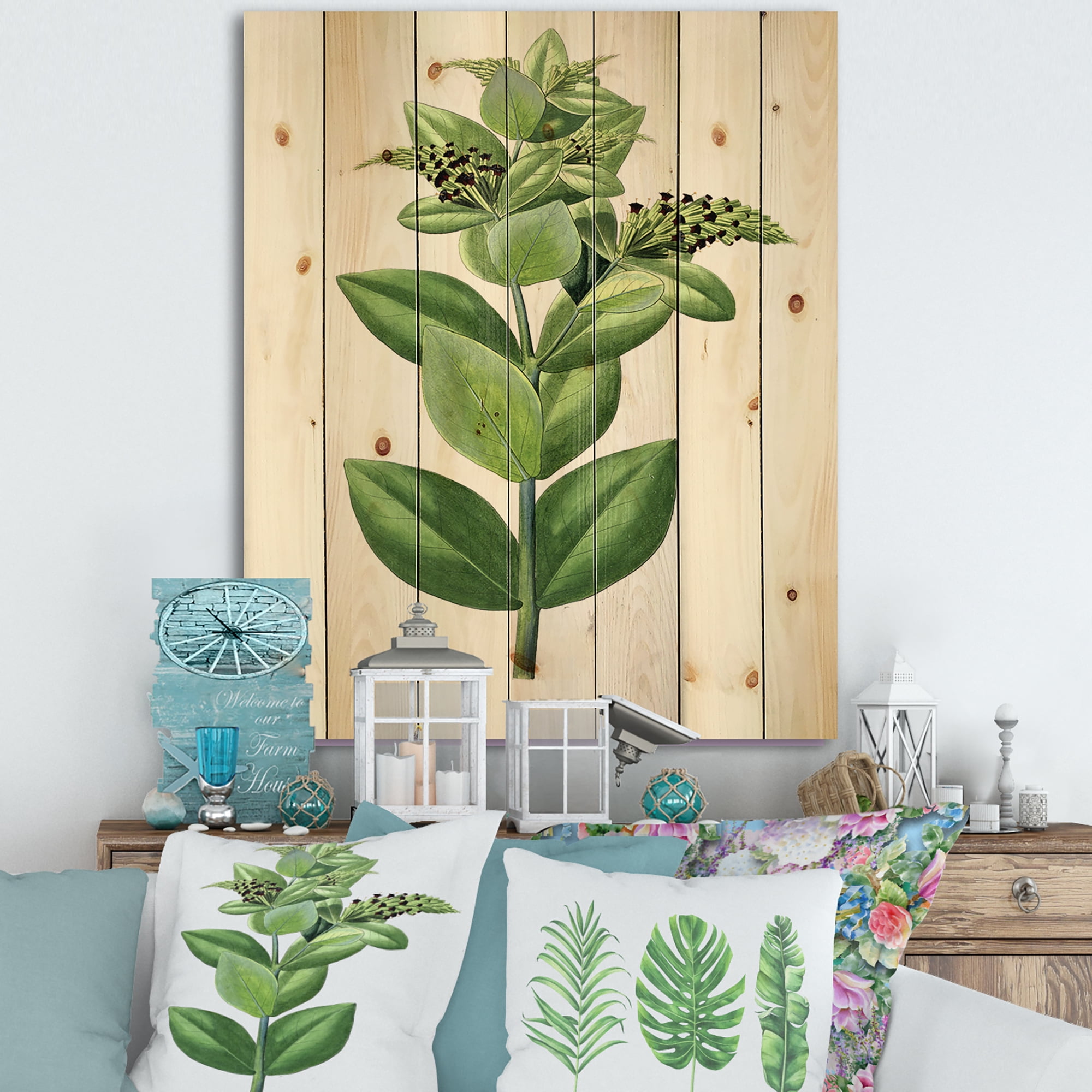 Designart 'Ancient Green Leaves Plants VI' Traditional Print on Natural Pine Wood