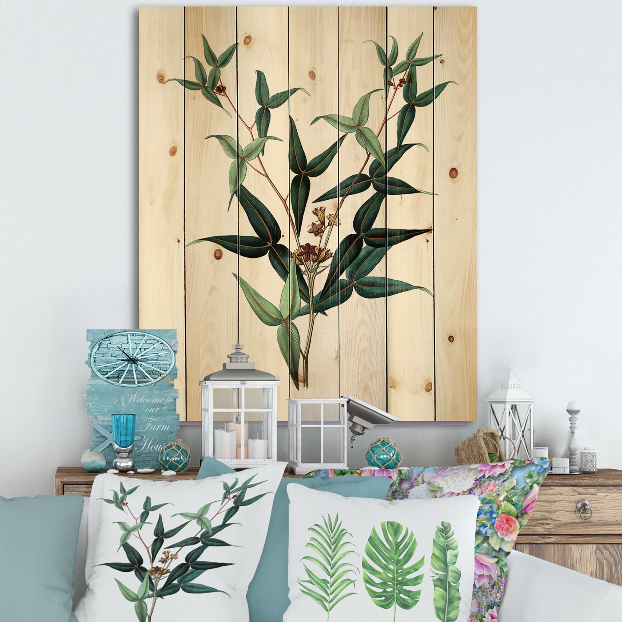 Designart 'Ancient Green Leaves Plants VIII' Traditional Print on Natural Pine Wood