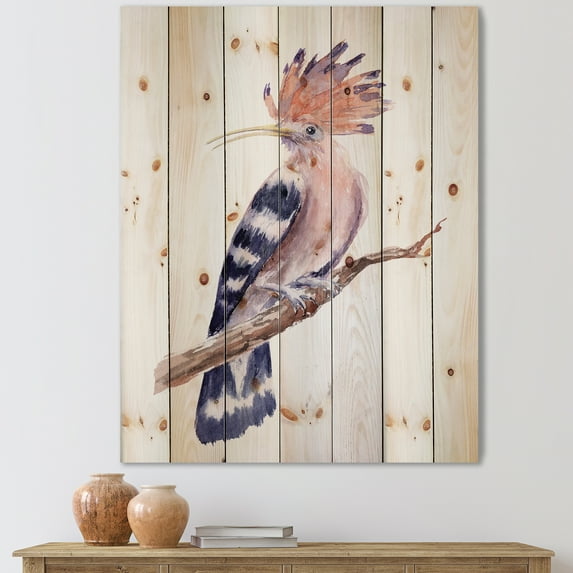 Designart 'Ancient Hoopoe Bird On A Branch' Traditional Print on Natural Pine Wood