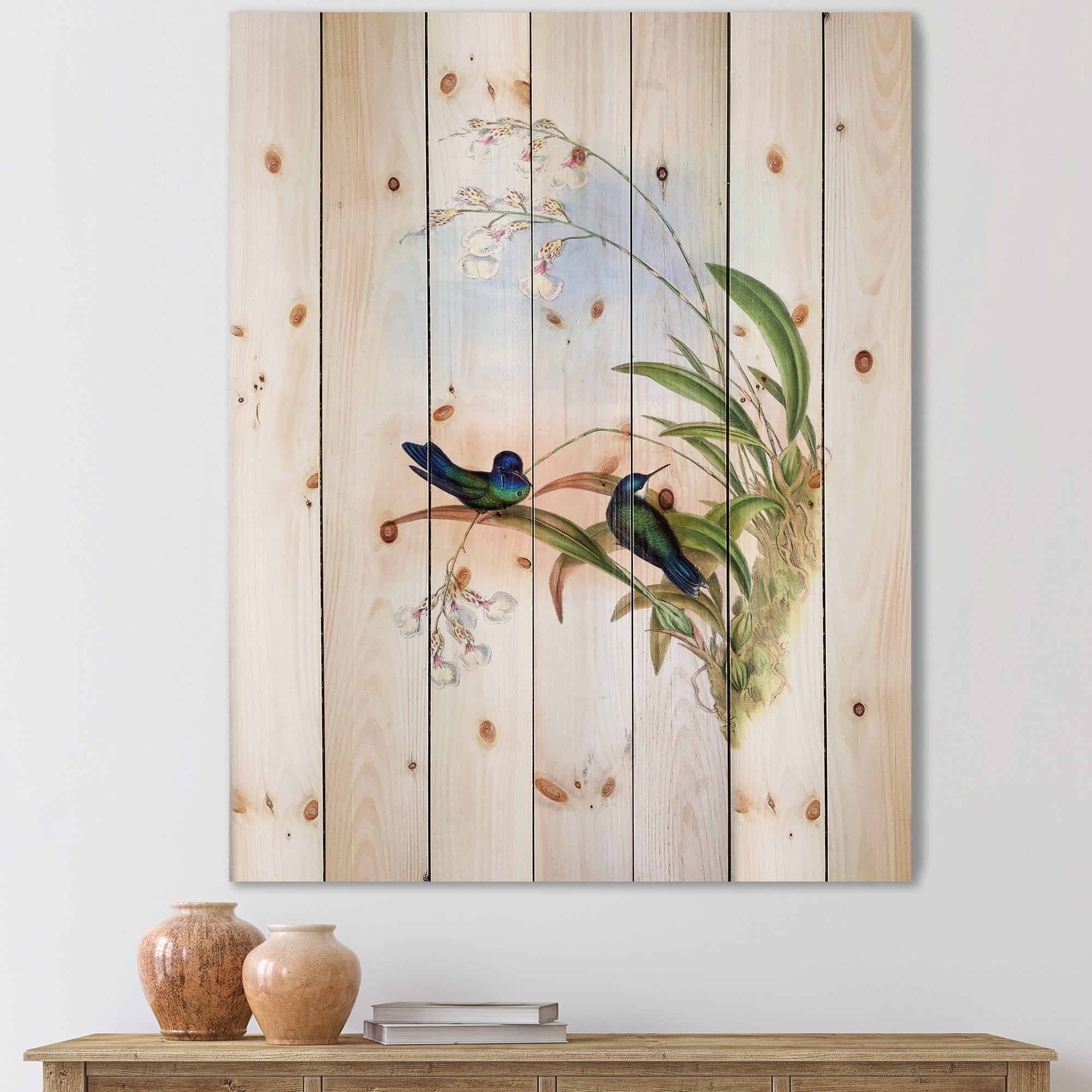 Designart 'Ancient Hummingbird III' Traditional Print on Natural Pine Wood