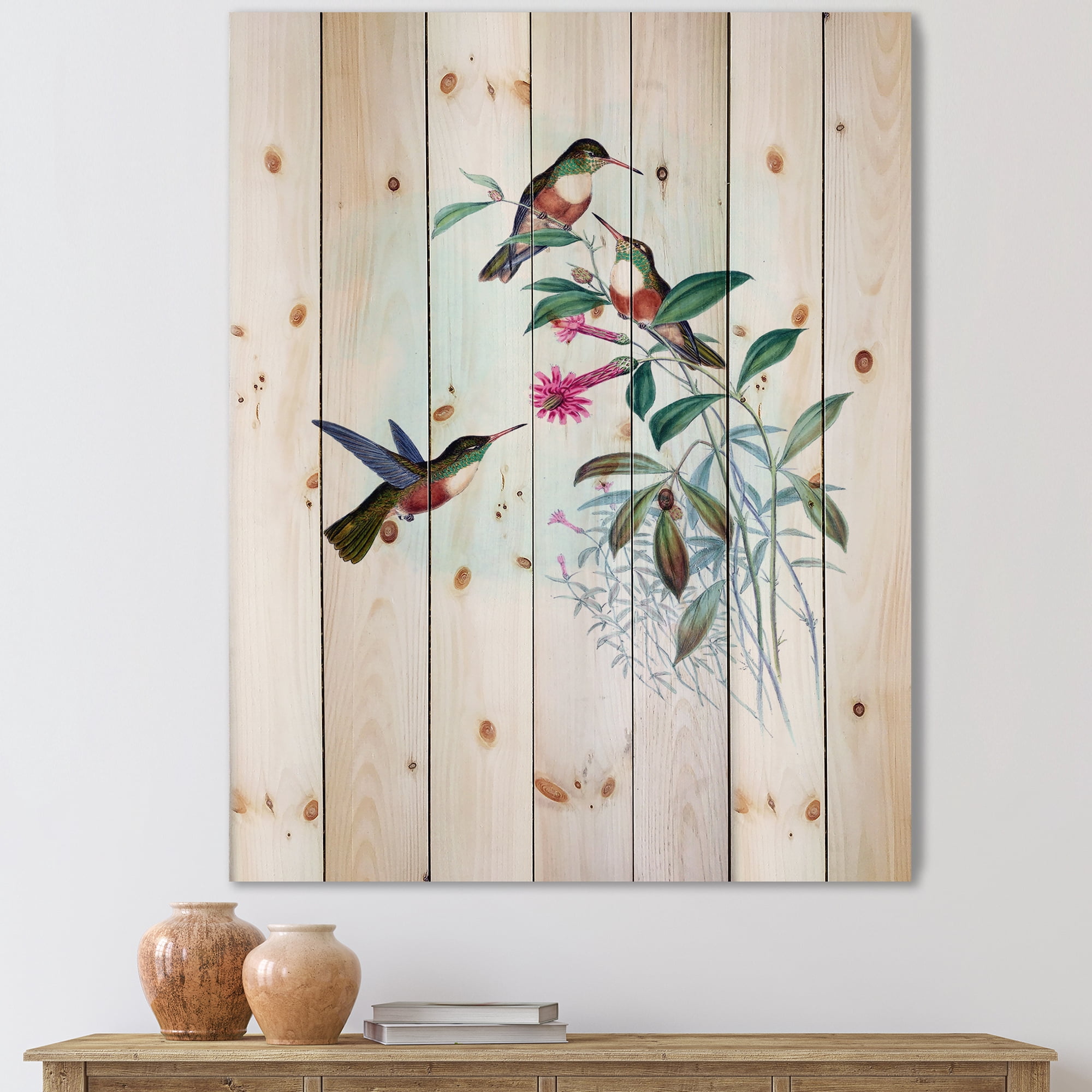 Designart 'Ancient Hummingbird IV' Traditional Print on Natural Pine Wood