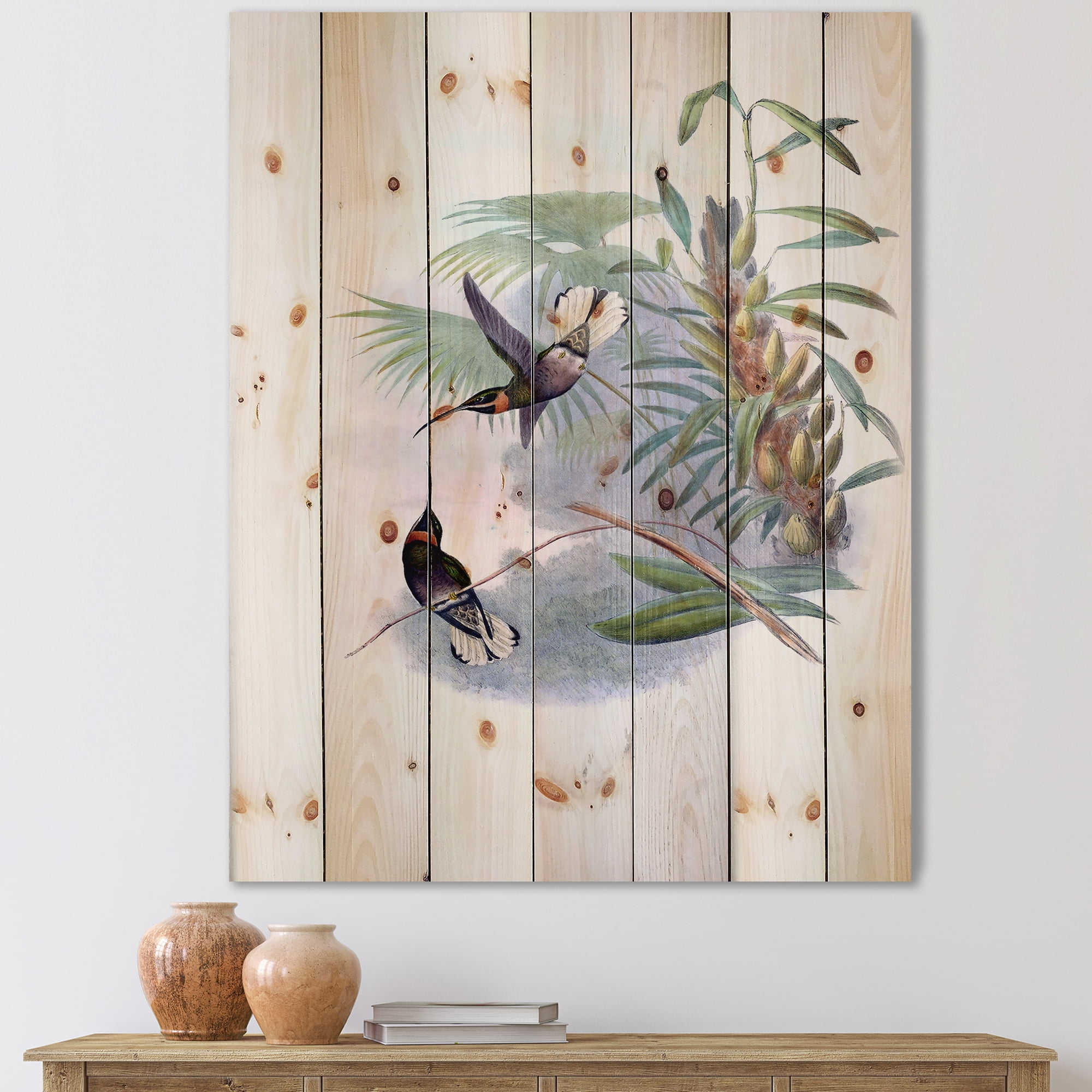 Designart 'Ancient Hummingbird On A Branch' Traditional Print on Natural Pine Wood