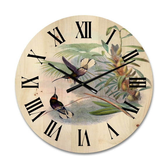 Designart 'Ancient Hummingbird On A Branch' Traditional Wood Wall Clock