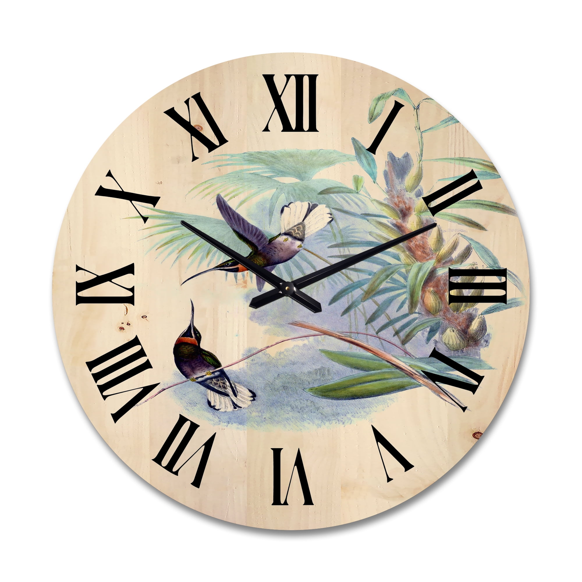 Designart 'Ancient Hummingbird On A Branch' Traditional Wood Wall Clock
